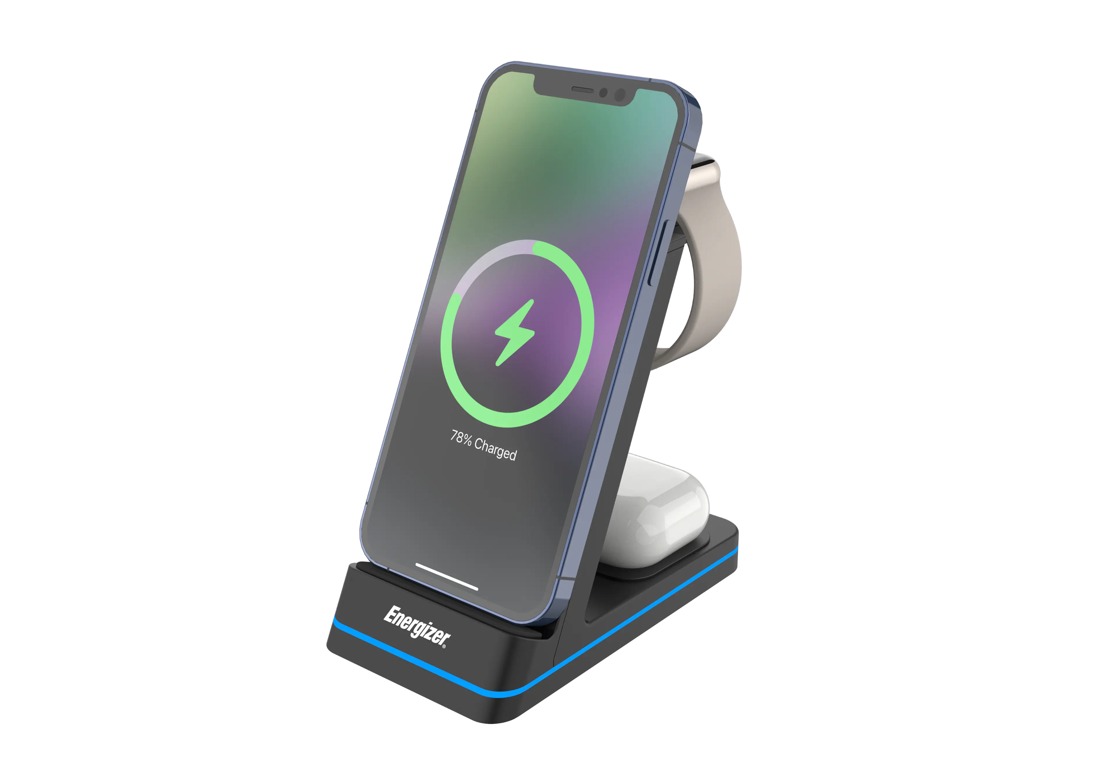 Energizer - 3-in-1 15W Qi Certified Wireless Fast 15W Charger Charging Station/Stand w/ RGB Light for iPhone + AirPods + Apple Watch - Black