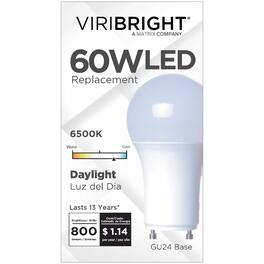 VIRIBRIGHT - A19 LED Bulb, GU24, 9.5W, 800 Lumens, CEC, Energy Star, Dimmable, Daylight 6500K