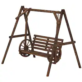 Outsunny - Porch Swing with A-Frame Stand, Wooden Log Patio Swing Chair Bench with Wagon Wheel Armrests - Carbonized Brown