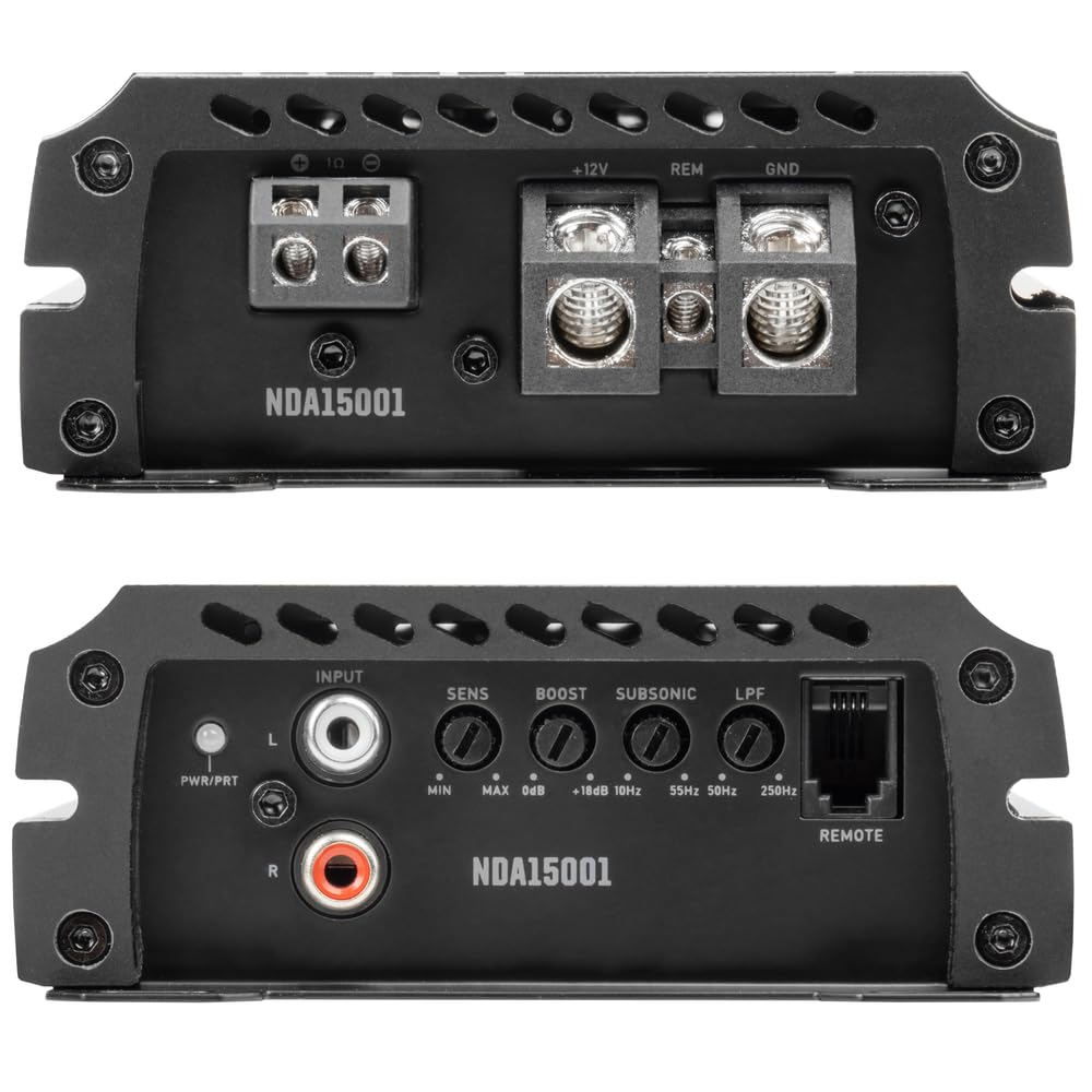 + 10 12V REM GND NDA15001 INPUT SENS BOOST SUBSONIC LPF 1AA0 L PWR/PRT MIN MAX 06B 18d8 10Hz 55Hz S0Hz 250Hz R NDA15001 REMOTE