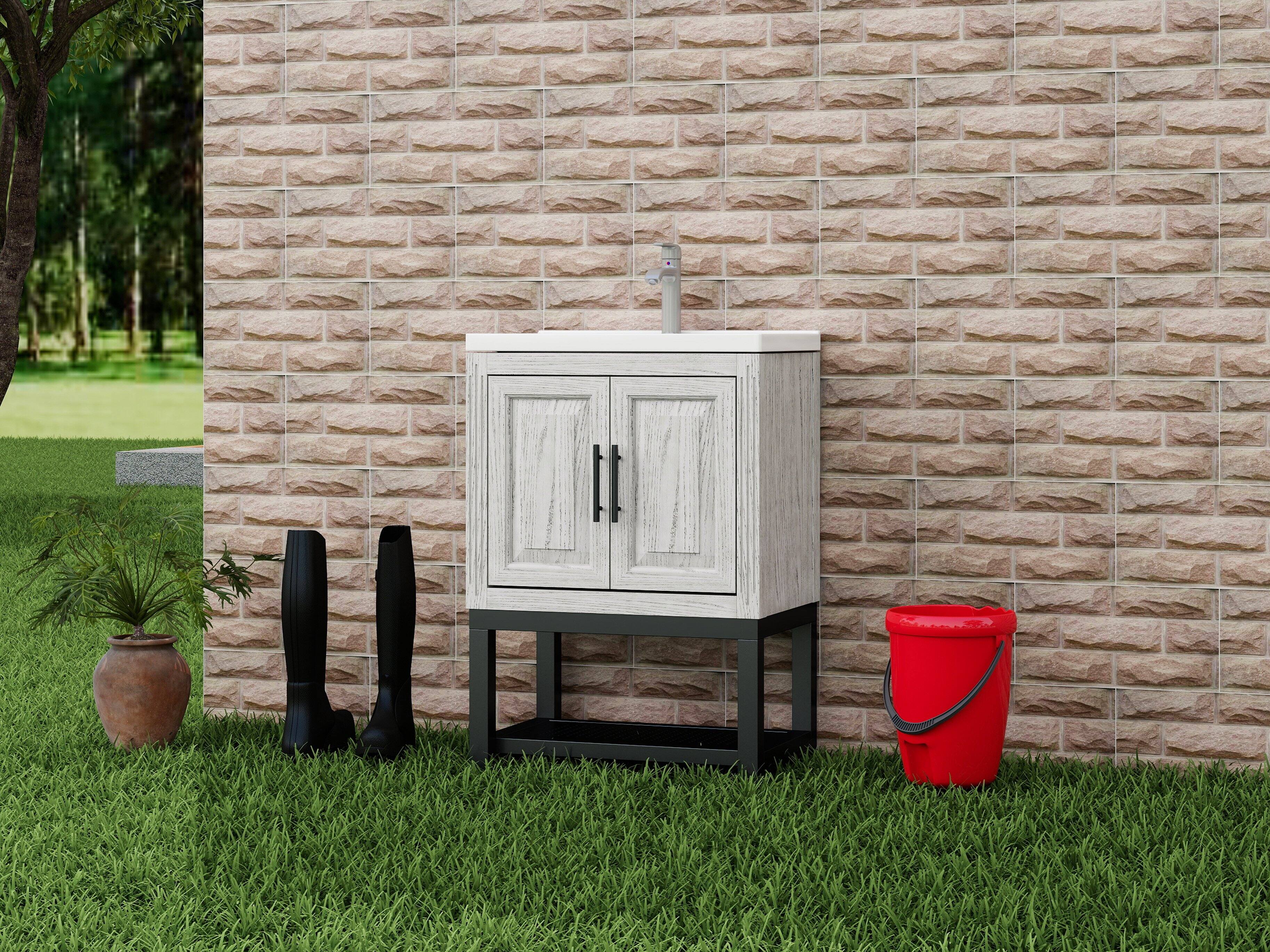 Alt View 1. TinyHomie - 24in Bathroom Vanity with White Ceramic Sink and Hot and Cold Faucet Freestanding Bathroom Cabinet with 2 Storage Doors - White.