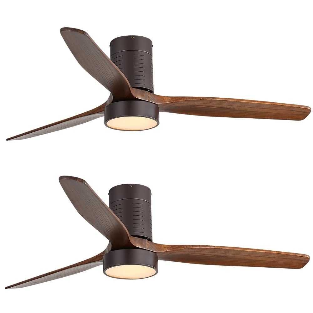 Sofucor - Low Profile Flush Mount Ceiling Fan w/ Remote & 3 Walnut Wood Blades,Reversible,Dimmable for Living Room Kitchen Bedroom - Coffee - 2PCS
