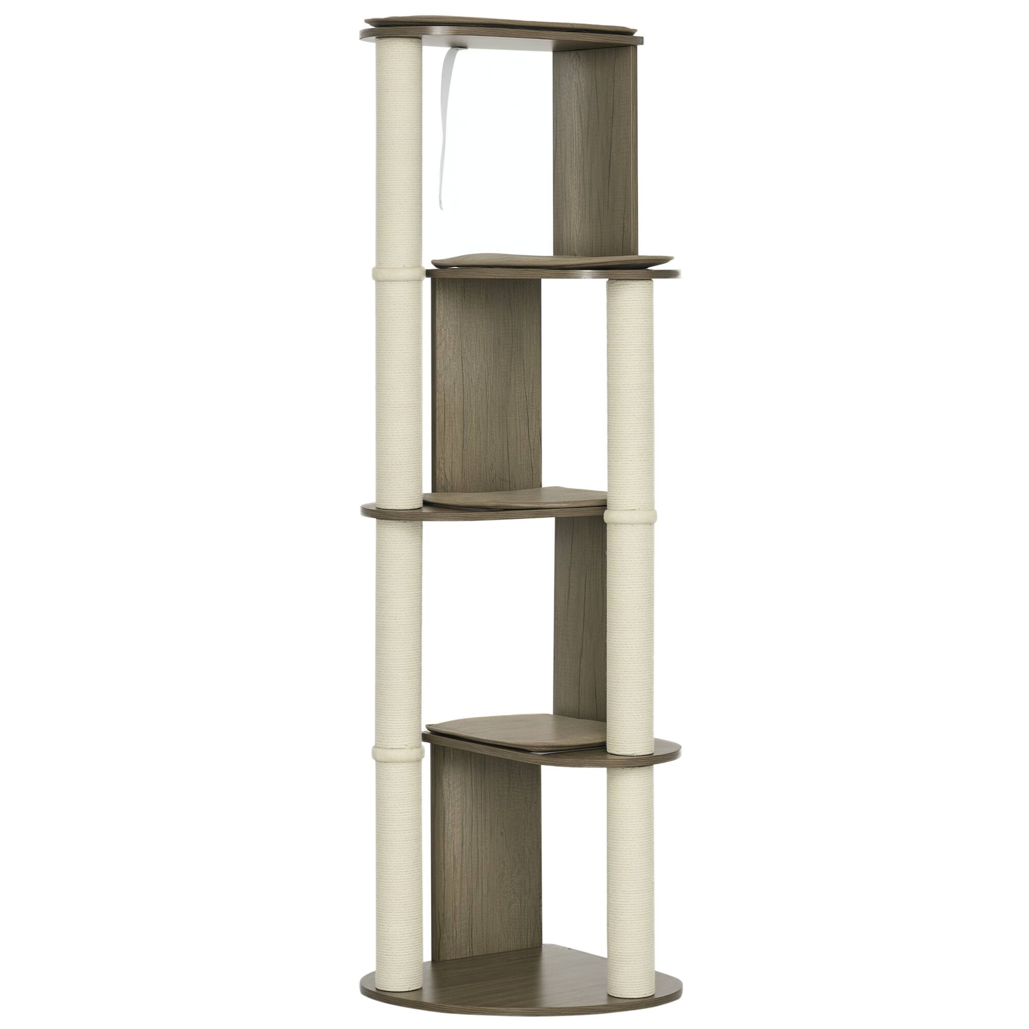 Front. Pawhut - 65" Corner Modern Cat Tree, Tall for Climbing, Large Multilevel Tower, Scratching Posts, Small-Fit Kitten, Sisal - Cream White.