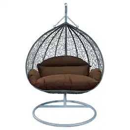 LeisureMod - Recluse Grey Wicker Hanging Egg Chair - Modern Indoor Outdoor Swing with Stand, 440lb Capacity - Brown