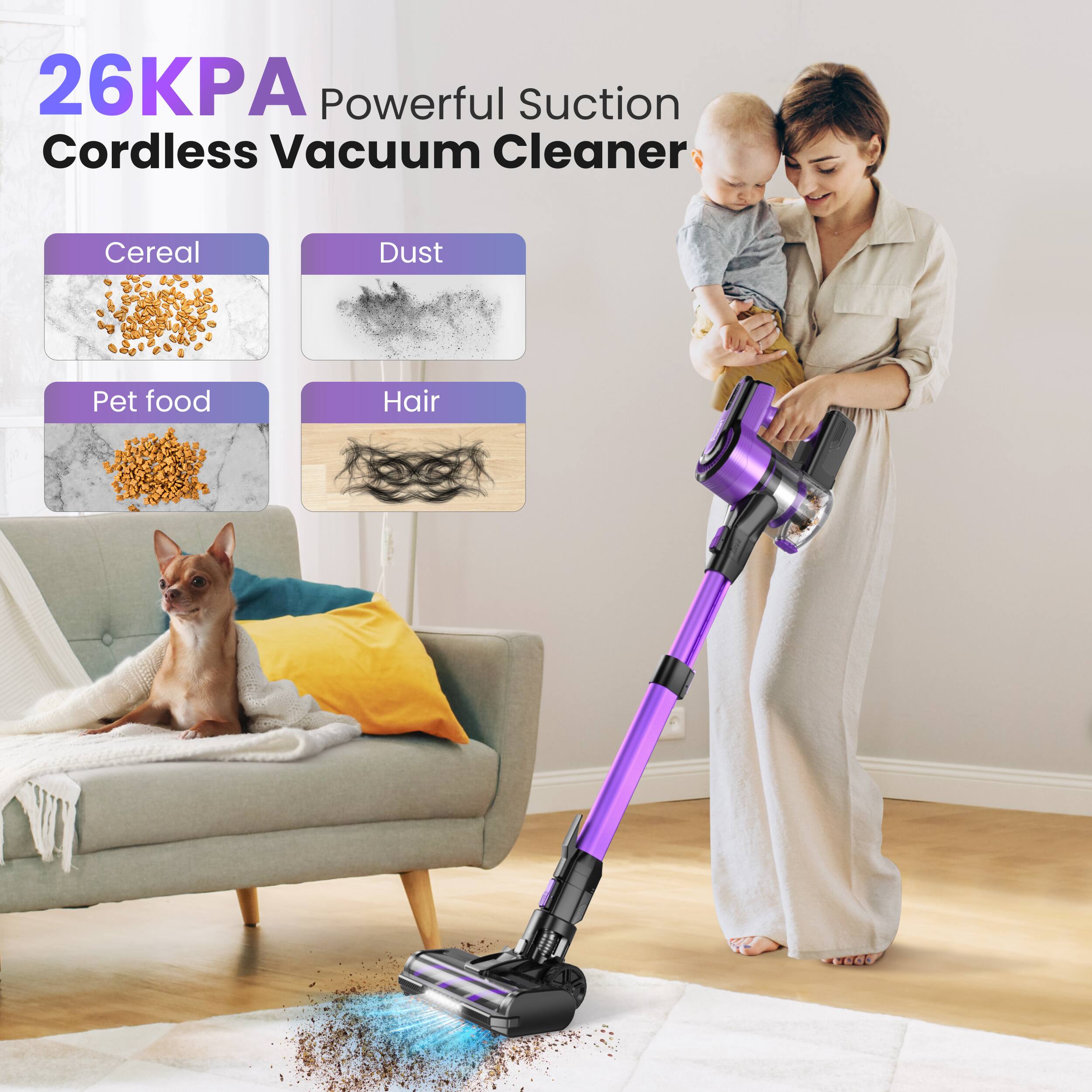 26KPA Powerful Suction Cordless Vacuum Cleaner

- Cereal
- Dust
- Pet food
- Hair