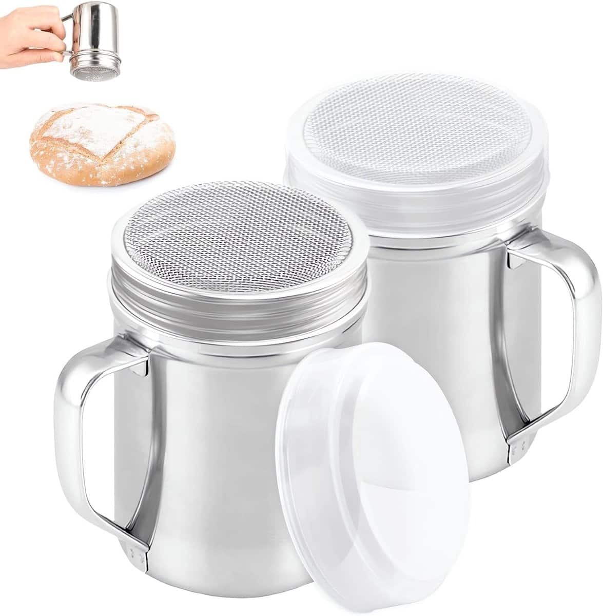 Auledio - 2-pack powdered sugar shaker, powder sifter, fine mesh stainless steel dredge for powders like cinnamon, cocoa, etc - Silver