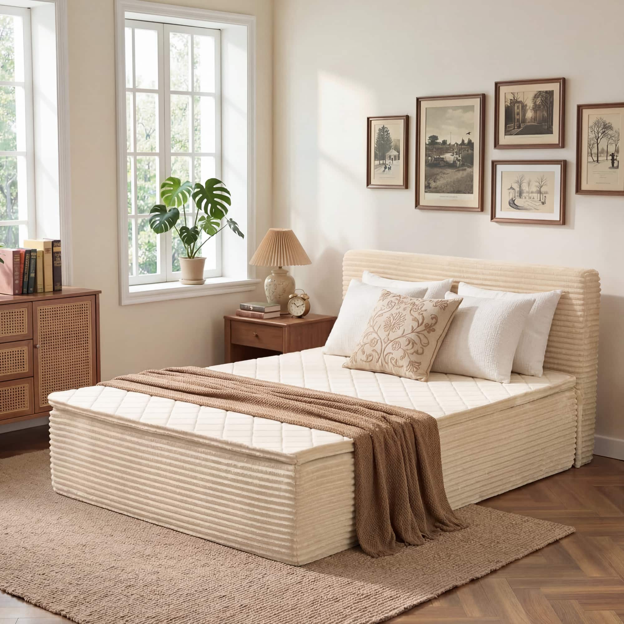 Ovios - Full 16" Plush Mattress with Memory Form in a Box, Detachable Headboard Included - Beige