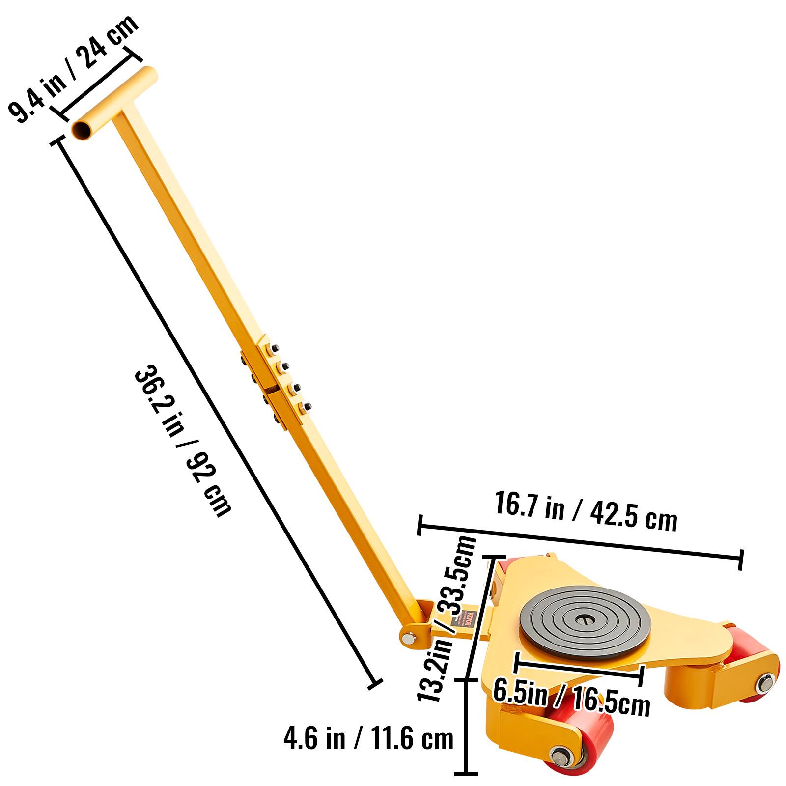 - 9.4 in / 24 cm
- 36.2 in / 92 cm
- 16.7 in / 42.5 cm
- 13.2 in / 33.5 cm
- 6.5 in / 16.5 cm
- 4.6 in / 11.6 cm