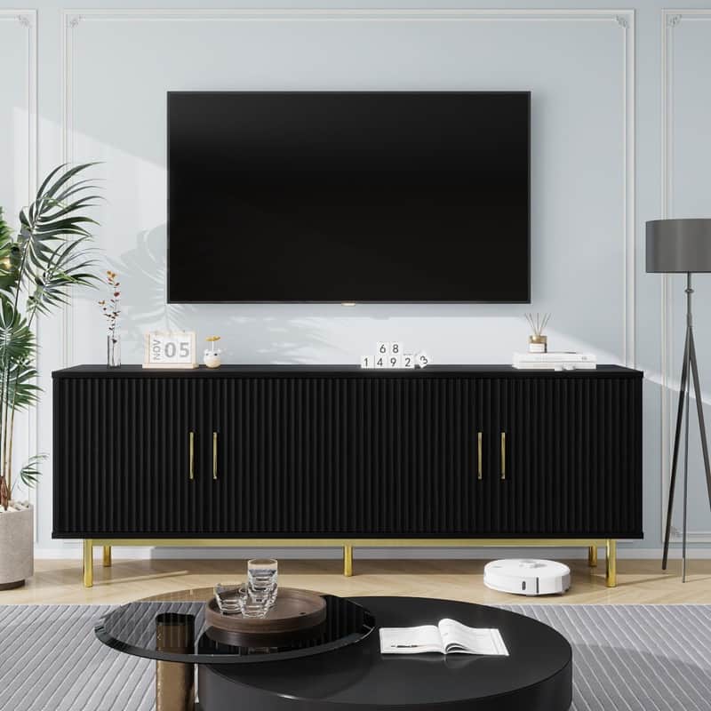 Vipbear - 70" Fluted TV Stand, Entertainment Center with Storage， Adjustable Shelf, Modern TV Console - Black