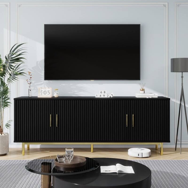 Vipbear - 70" Fluted TV Stand, Entertainment Center with Storage， Adjustable Shelf, Modern TV Console - Black