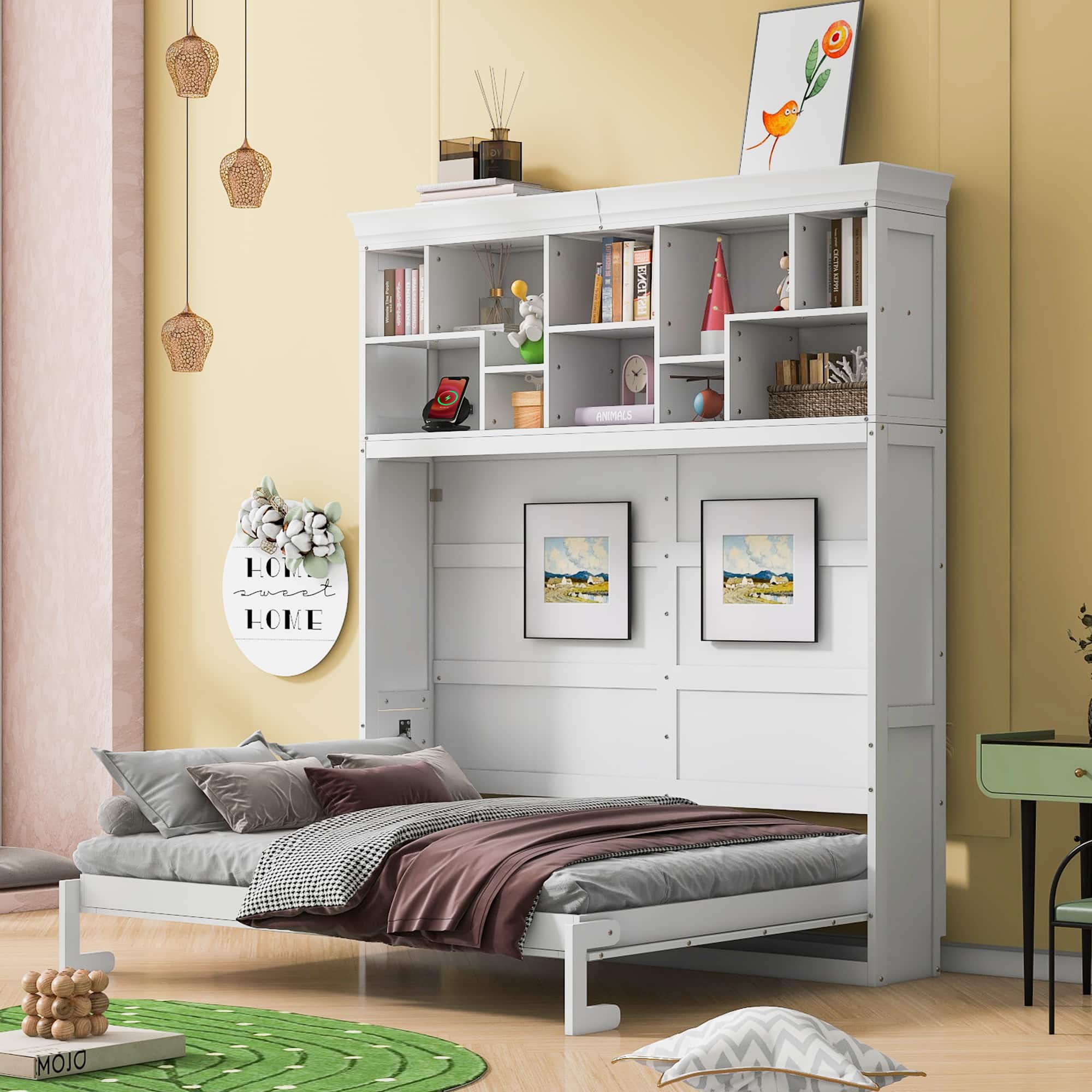 Tiramisubest - Queen Size Murphy Wall Bed, White, Plywood, Space-Saving & Comfortable w/ Top Shelves & USB - White