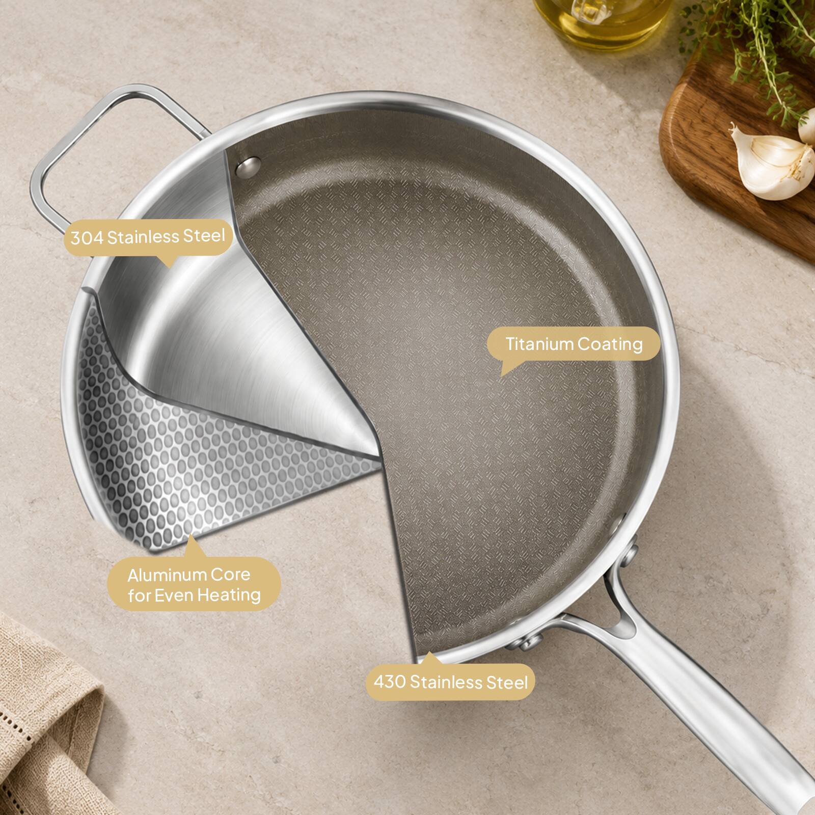 304 Stainless Steel  
Titanium Coating  
Aluminum Core for Even Heating  
430 Stainless Steel
