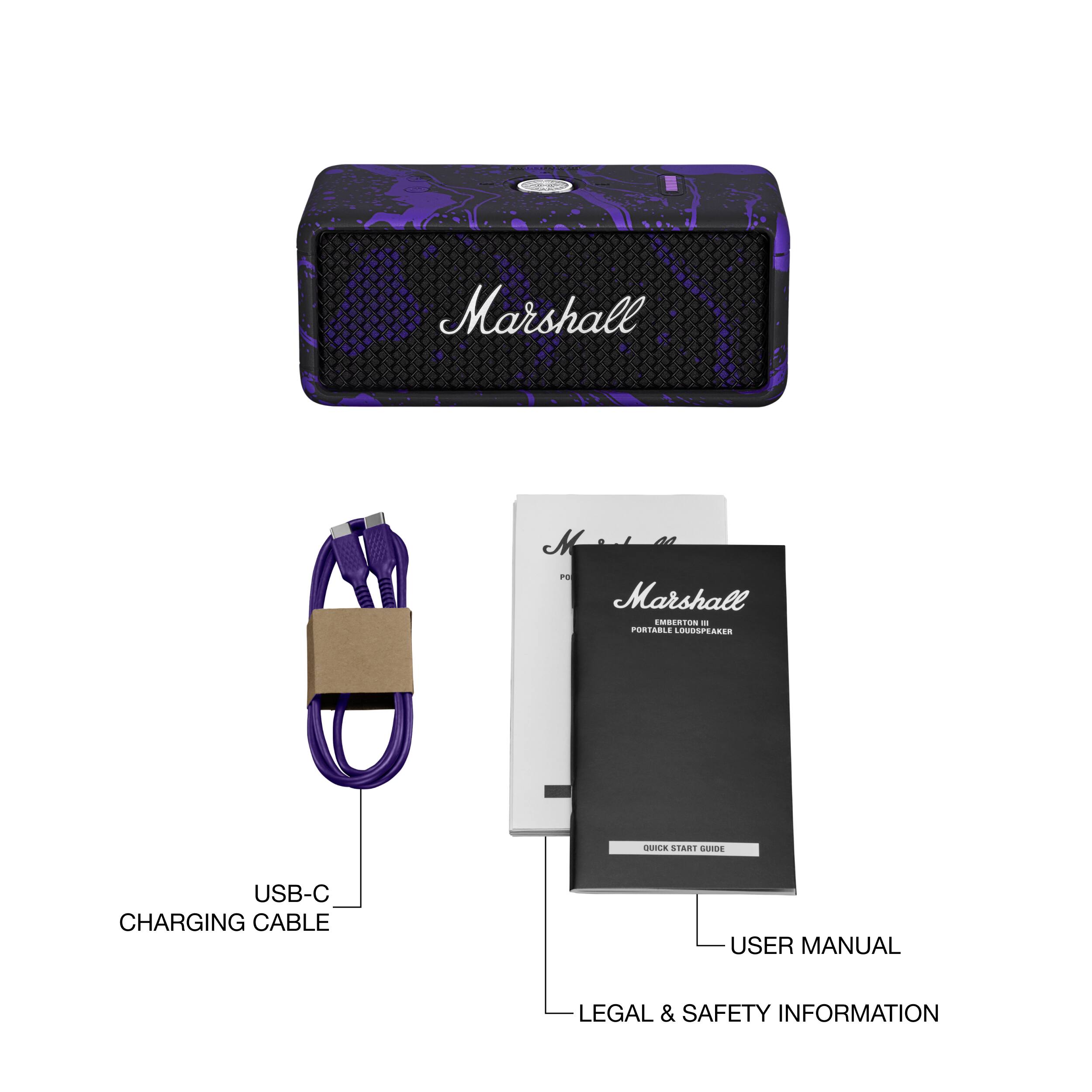 Marshall  
M PO Marshall EMBERTON III PORTABLE LOUDSPEAKER  
QUICK START GUIDE  
USB-C CHARGING CABLE  
USER MANUAL  
LEGAL & SAFETY INFORMATION