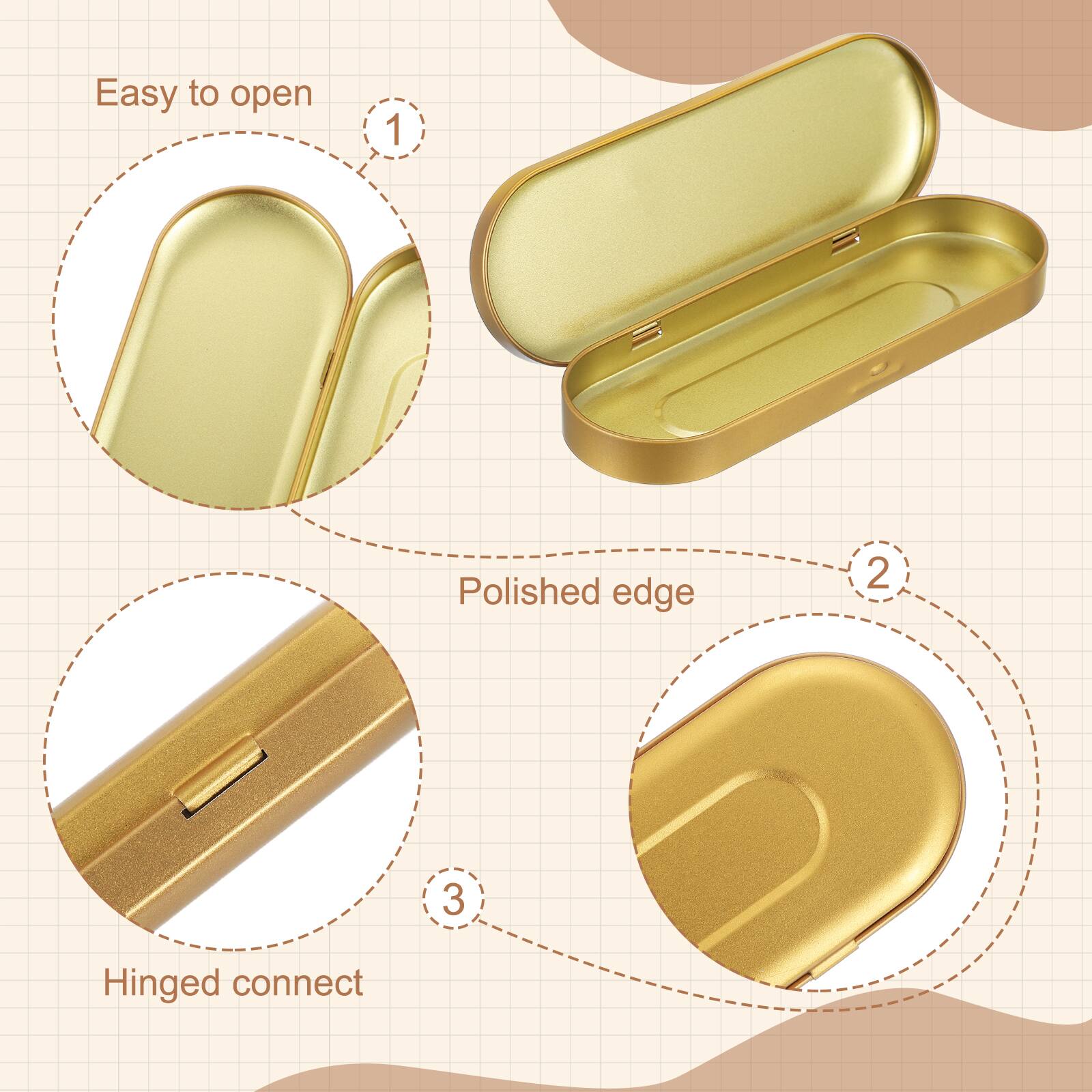 Easy to open  
1  
Polished edge  
2  
Hinged connect  
3