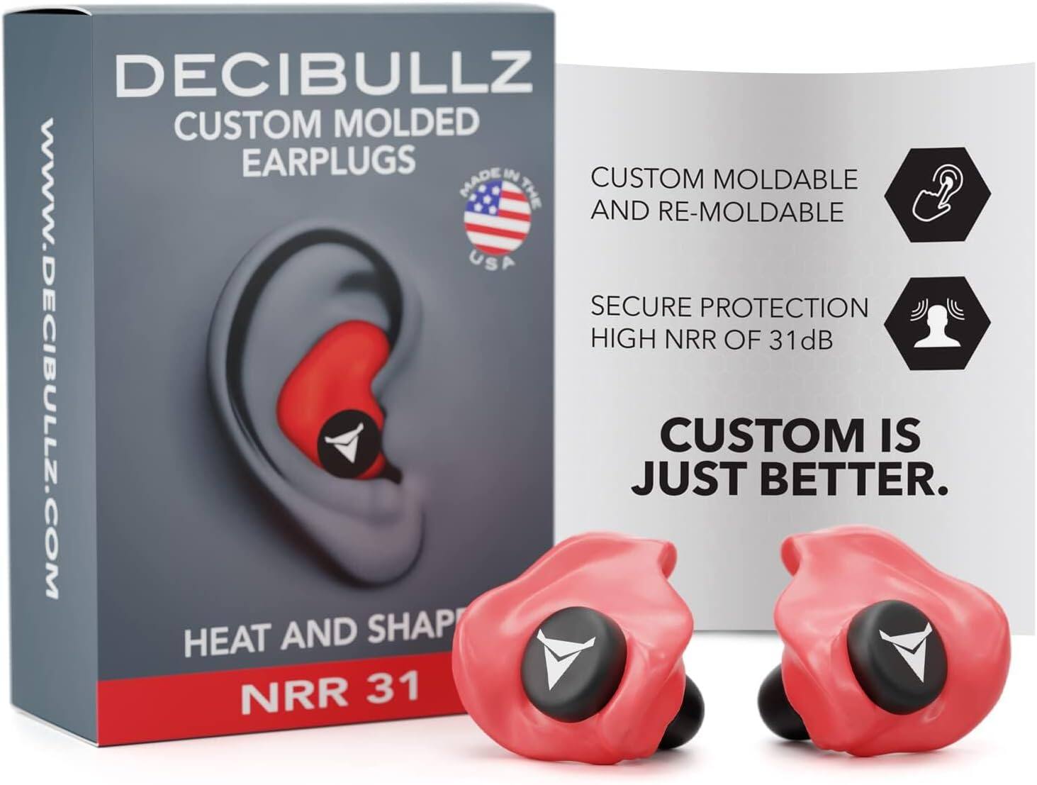 DECIBULLZ CUSTOM MOLDED EARPLUGS IN CUSTOM MADE MOLDABLE AND RE-MOLDABLE. SECURE PROTECTION HIGH NRR OF 31dB. WWW.DECIBULLZ.COM. JUST CUSTOM BETTER. HEAT AND SHAPE NRR 31.