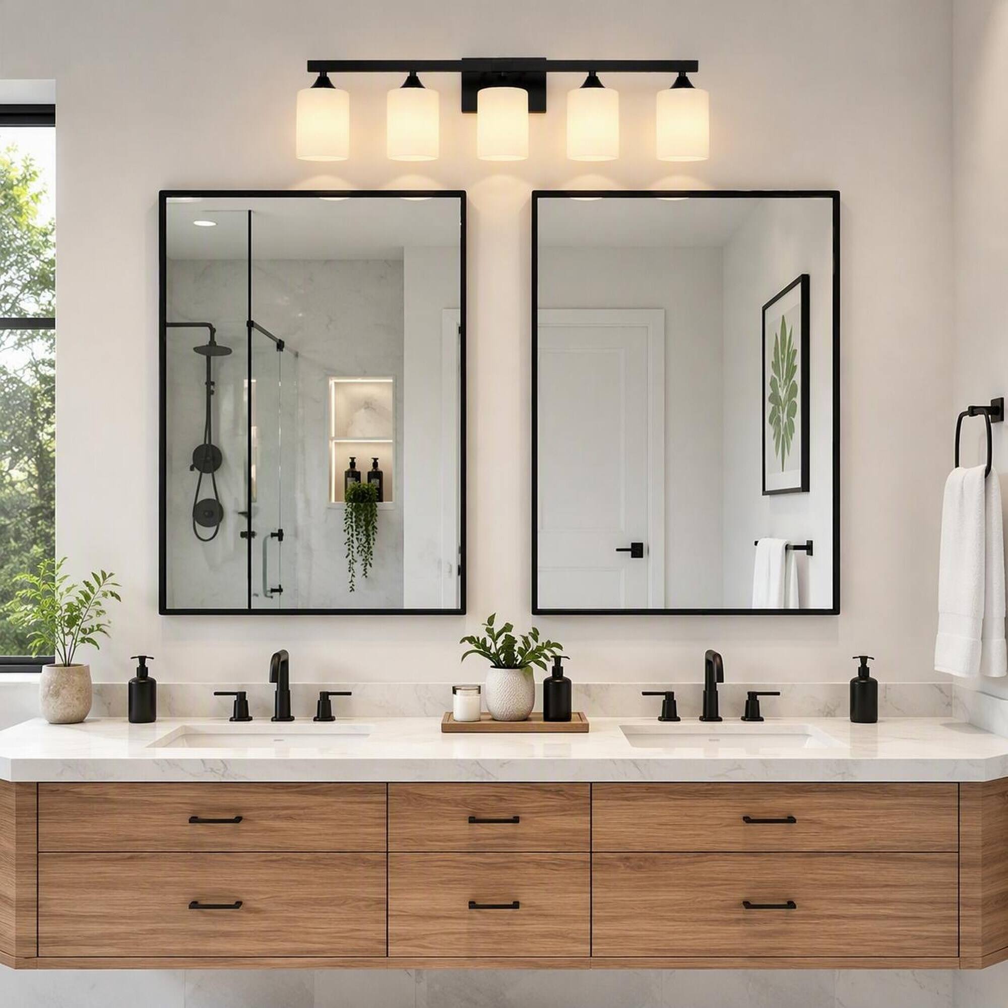 Back. RYHNUYNE - 5-Light Matte Black Bathroom Vanity Light with Frosted Glass Shades, Moisture-Resistant Metal Wall Sconce.