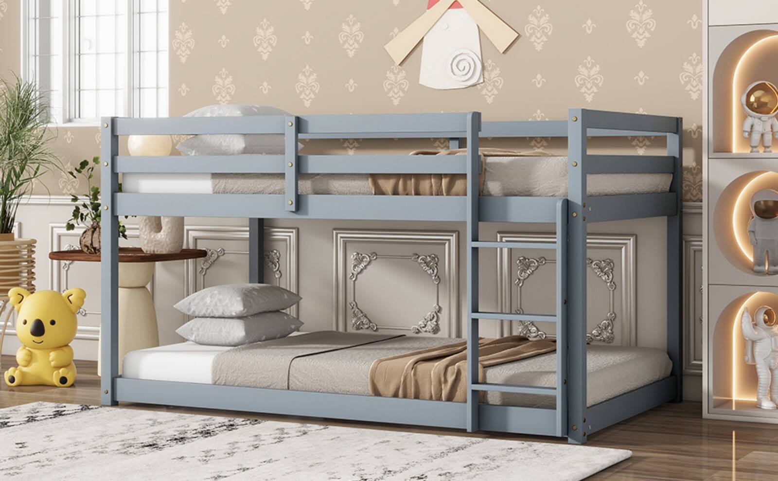 Alt View 7. Ecooso - Solid Wooden, Solid Rubber Wooden Twin over Twin Floor Bunk Bed with Ladder, with Bed Platform of Strengthened Slats - Grey.