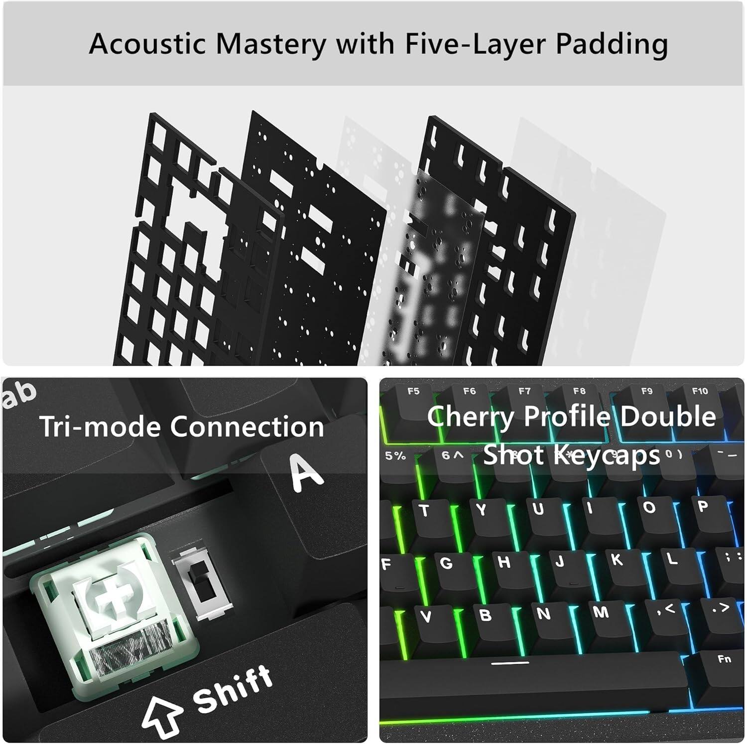 Acoustic Mastery with Five-Layer Padding

Tri-mode Connection

Cherry Profile Double Shot Keycaps

5% 6

F5 F6 F7 F8 F9 F10

ab

Shift

T Y U I O P

F G H J K L

V B N M

Fn