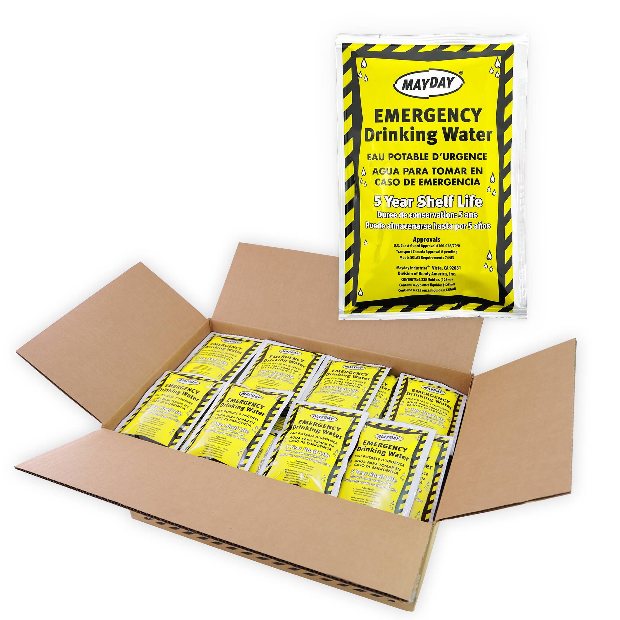 MAYDAY  
EMERGENCY Drinking Water  
EAU POTABLE D'URGENCE  
AGUA PARA TOMAR EN CASO DE EMERGENCIA  

5 Year Shelf Life  
Durée de conservation: 5 ans  
Puede almacenarse hasta por 5 años  

Approvals  
U.S. Coast Guard Approval No. 1500-000-000  
U.S. Navy Approval No. 1500-000-000  
U.S. Army Approval No. 1500-000-000  
U.S. Air Force Approval No. 1500-000-000  
U.S. Marine Corps Approval No. 1500-000-000  
U.S. Department of Defense Approval No. 1500-000-000  
U.S. Department of Homeland Security Approval No. 1500-000-000  
U.S. Department of Transportation Approval No. 1500-000-000  
U.S. Department of Agriculture Approval No. 1500-0
