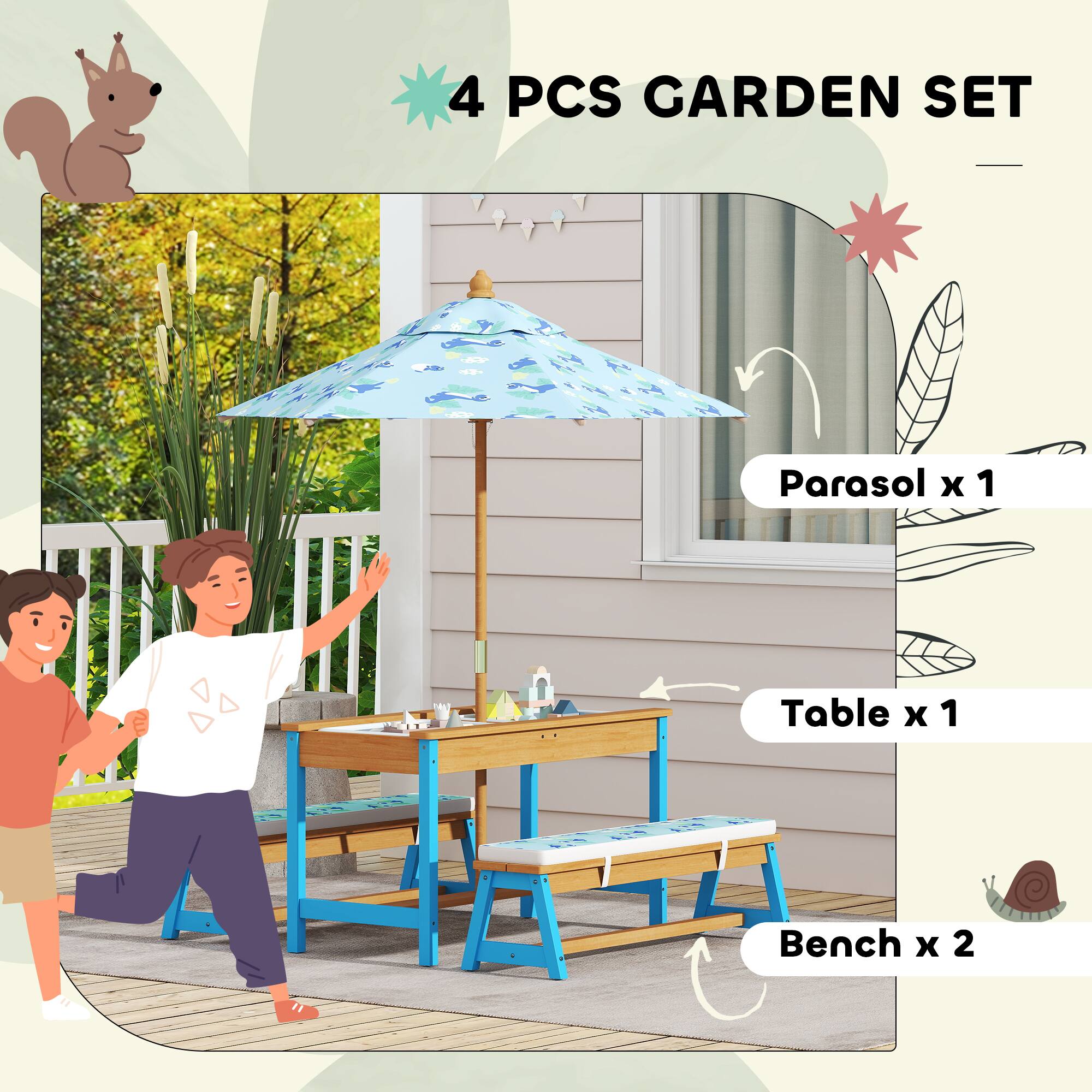 4 PCS GARDEN SET

- Parasol x 1
- Table x 1
- Bench x 2