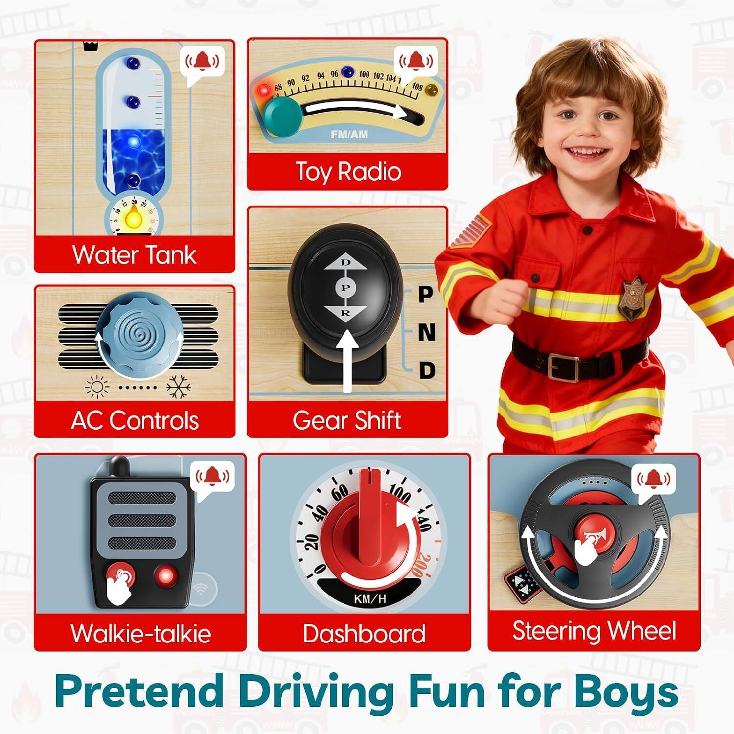 94 9 100 102 8890129% 9 92 104 I 5S 10S FM/AM a & Toy Radio = Water Tank AC Controls D P P 12 PND N D Gear Shift 60 100 40 40 20 O 200 KM/H Walkie-talkie Dashboard Steering Wheel Pretend Driving Fun for Boys