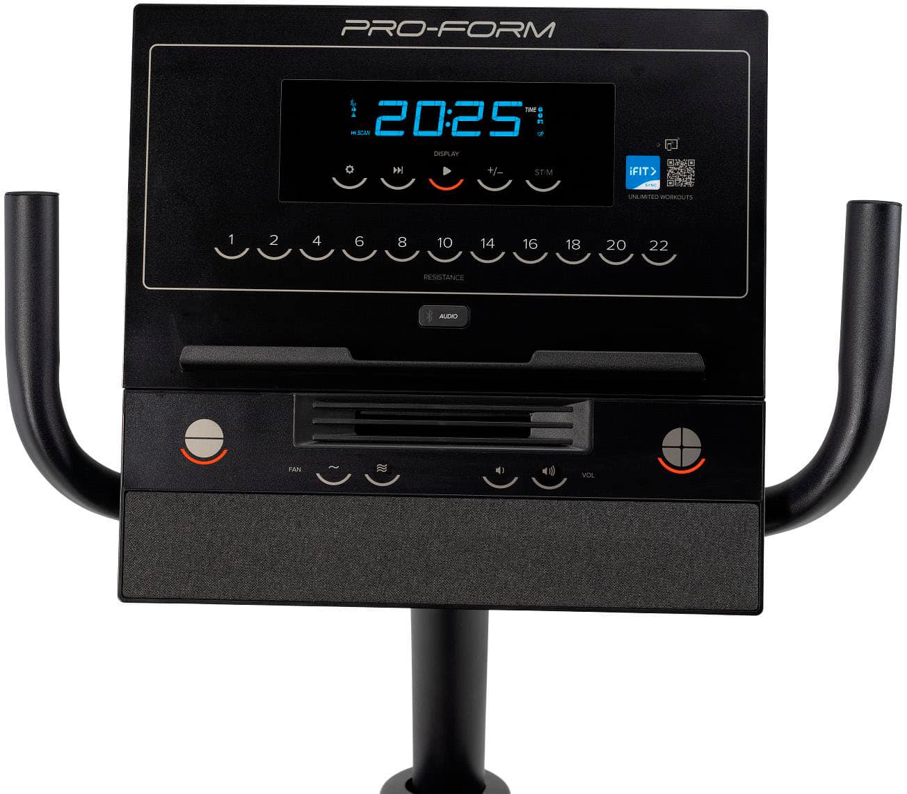 PRO-FORM - + - SCAN 20:25 in - DISPLAY o 144 +/- ST/M iFIT> I UNLIMITED WORKOUTS 1 2 4 6 8 10 14 16 18 20 22 RESISTANCE ALDO PAN & ) VOL
