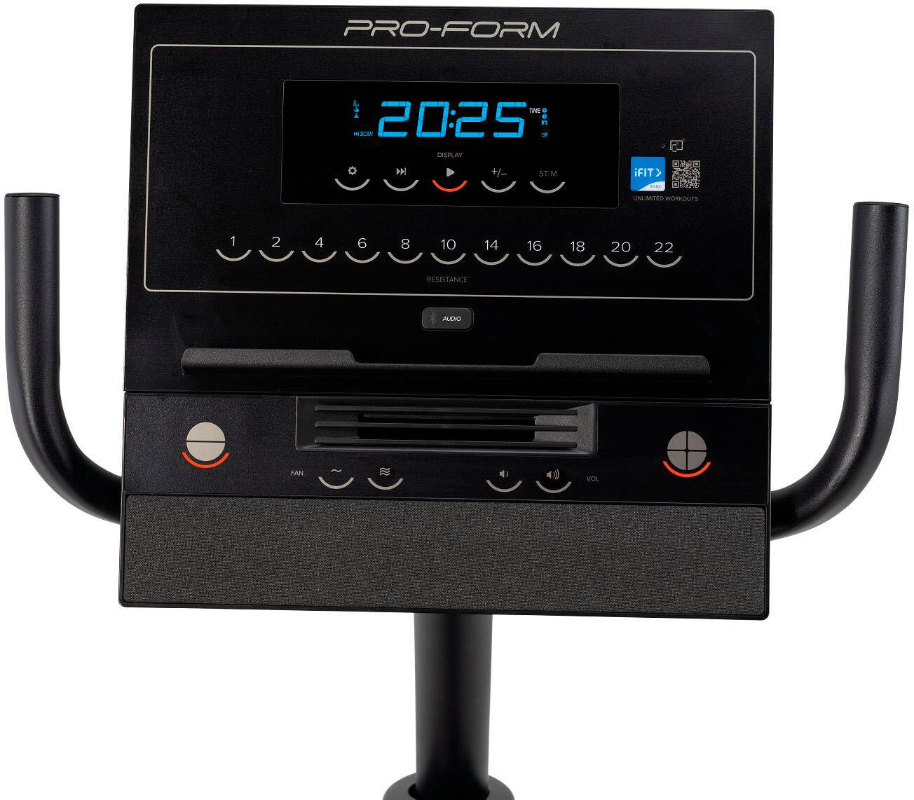 PRO-FORM - + - SCAN 20:25 in - DISPLAY o 144 +/- ST/M iFIT> I UNLIMITED WORKOUTS 1 2 4 6 8 10 14 16 18 20 22 RESISTANCE ALDO PAN & ) VOL