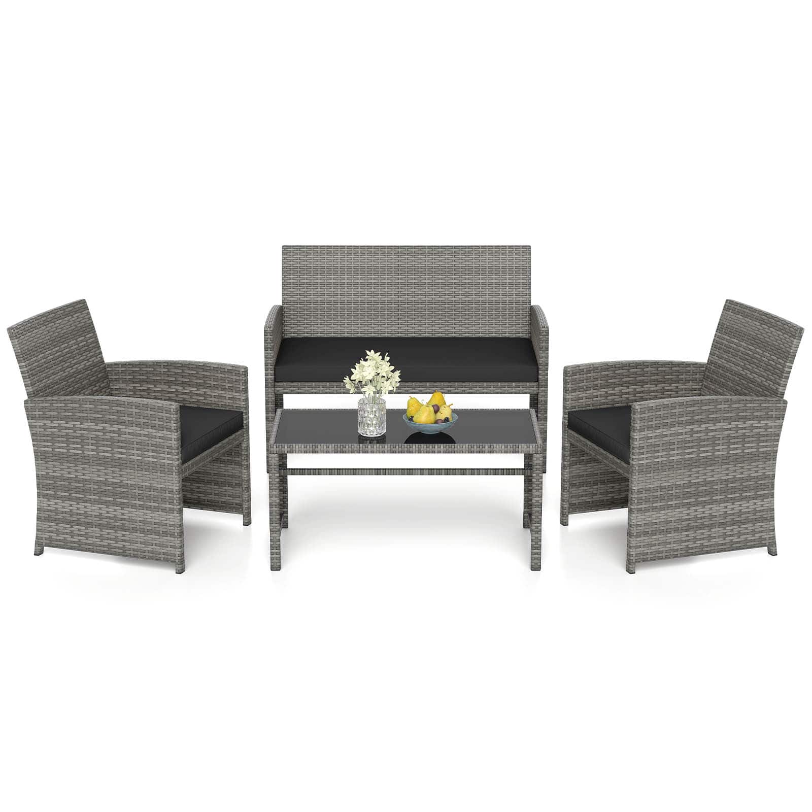 Gymax - 4 Piece Patio Furniture Set Outdoor Wicker Conversation Set w/ Tempered Glass Coffee Table - Black price history on PriceWatchPro
