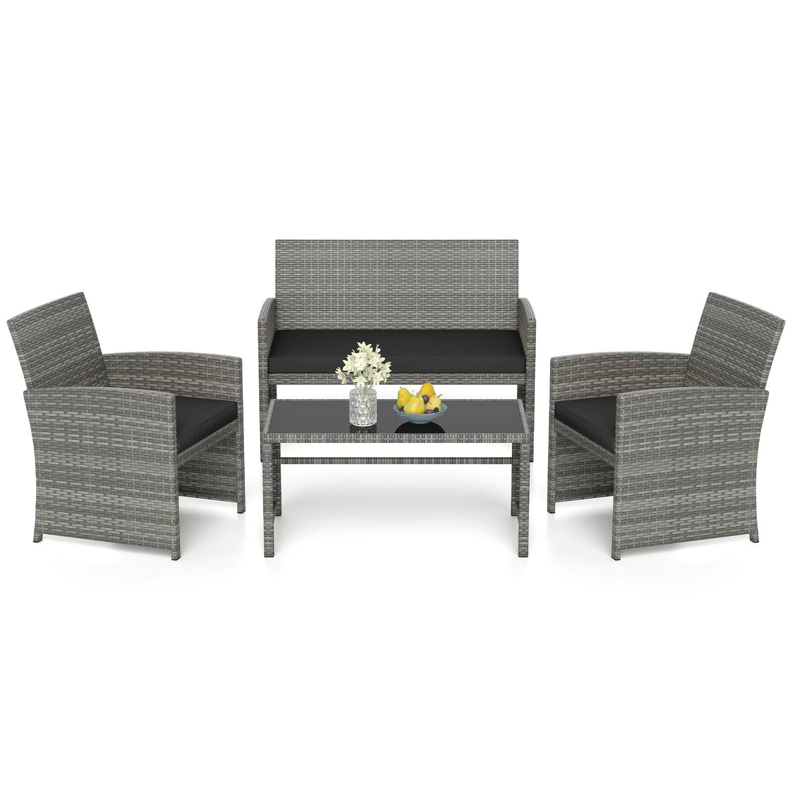 Gymax - 4 Piece Patio Furniture Set Outdoor Wicker Conversation Set w/ Tempered Glass Coffee Table - Black