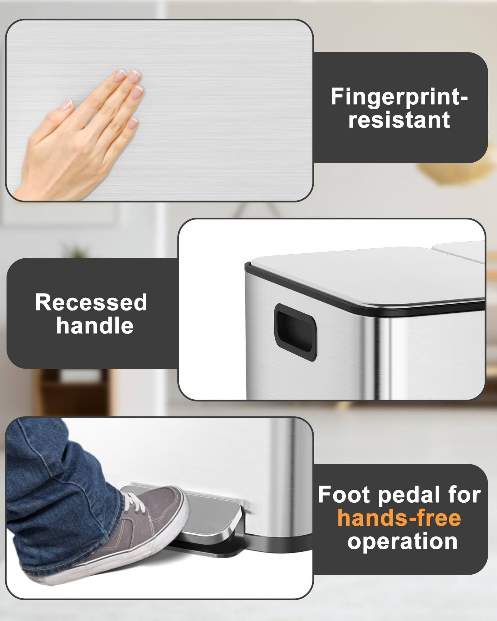 - Fingerprint-resistant
- Recessed handle
- Foot pedal for hands-free operation