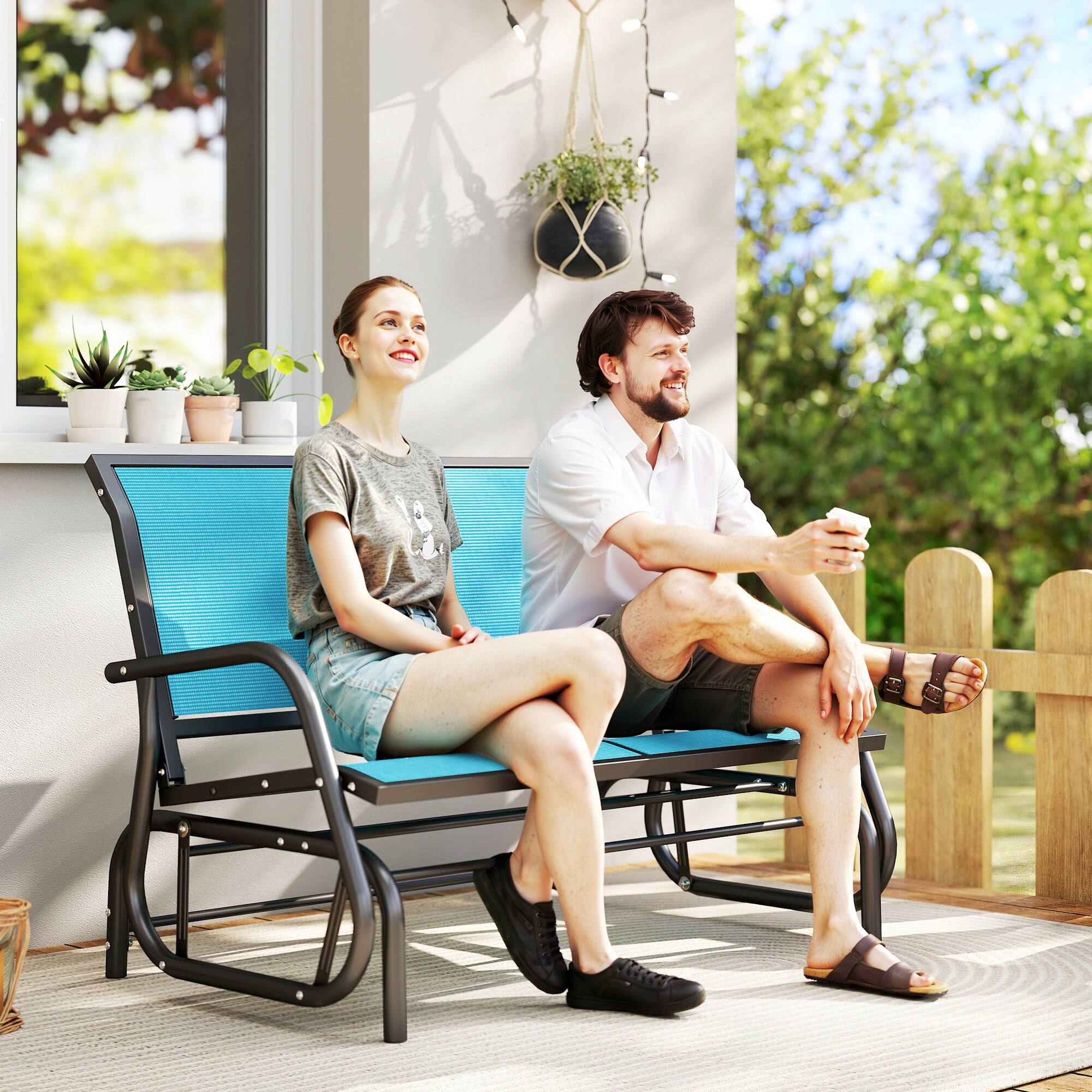 Alt View 1. Outsunny - 2-Person Outdoor Glider Bench, Patio Double Swing Rocking Chair Loveseat w/Powder Coated Steel Frame - Blue.