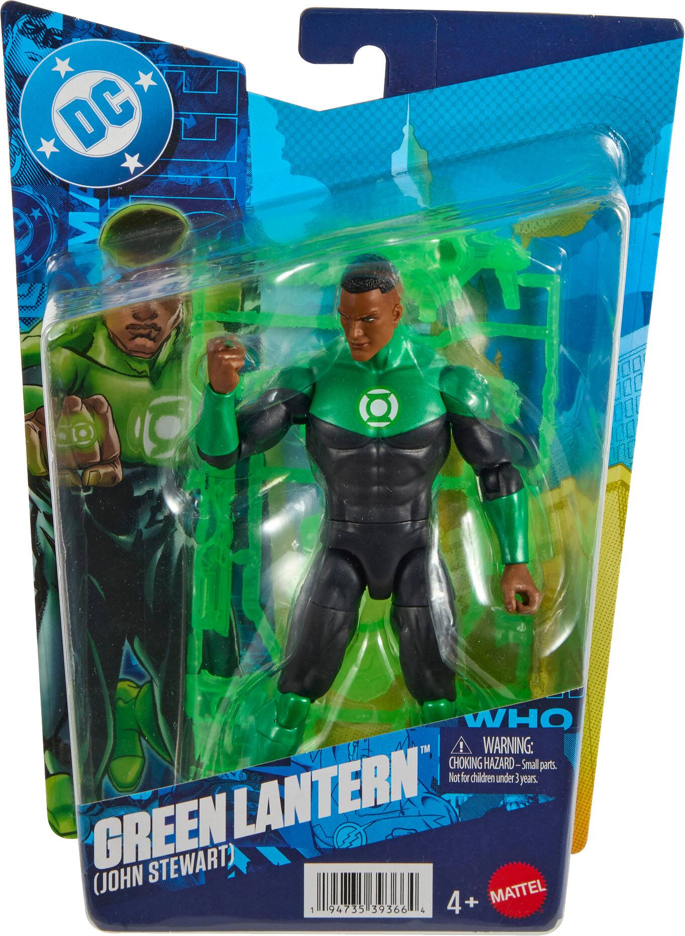 DC H MA  
WHO!  
WARNING: CHOKING HAZARD - Small parts. Not for children under 3 years.  
GREEN LANTERN (JOHN STEWART)  
4+  
MATTEL  
1 94735 39366 4
