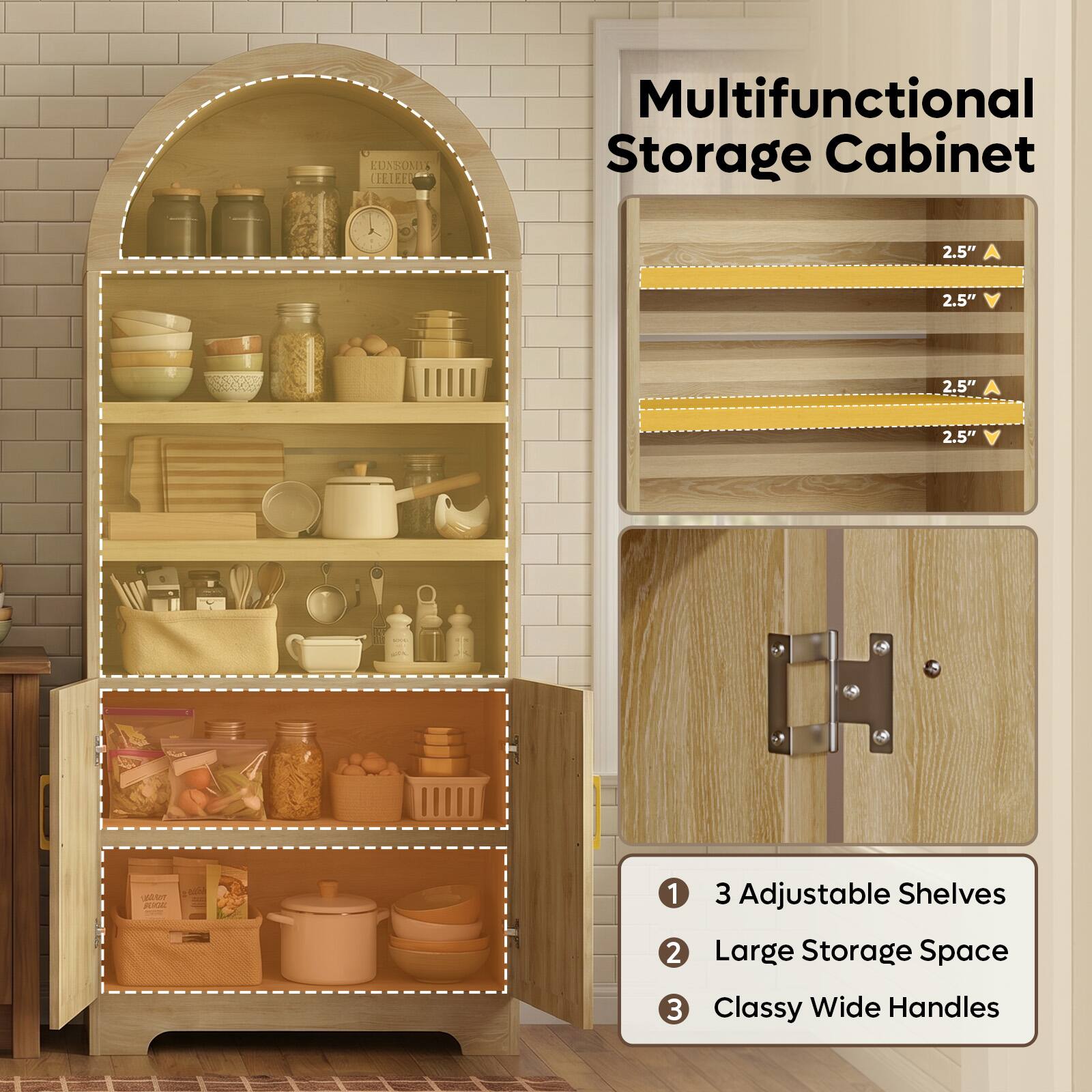 EDASOMTA IETEED Multifunctional Storage Cabinet 2.5" A 2.5" 2.5" 2.5" A 3 Adjustable Shelves Large Storage Space 3 Classy Wide Handles