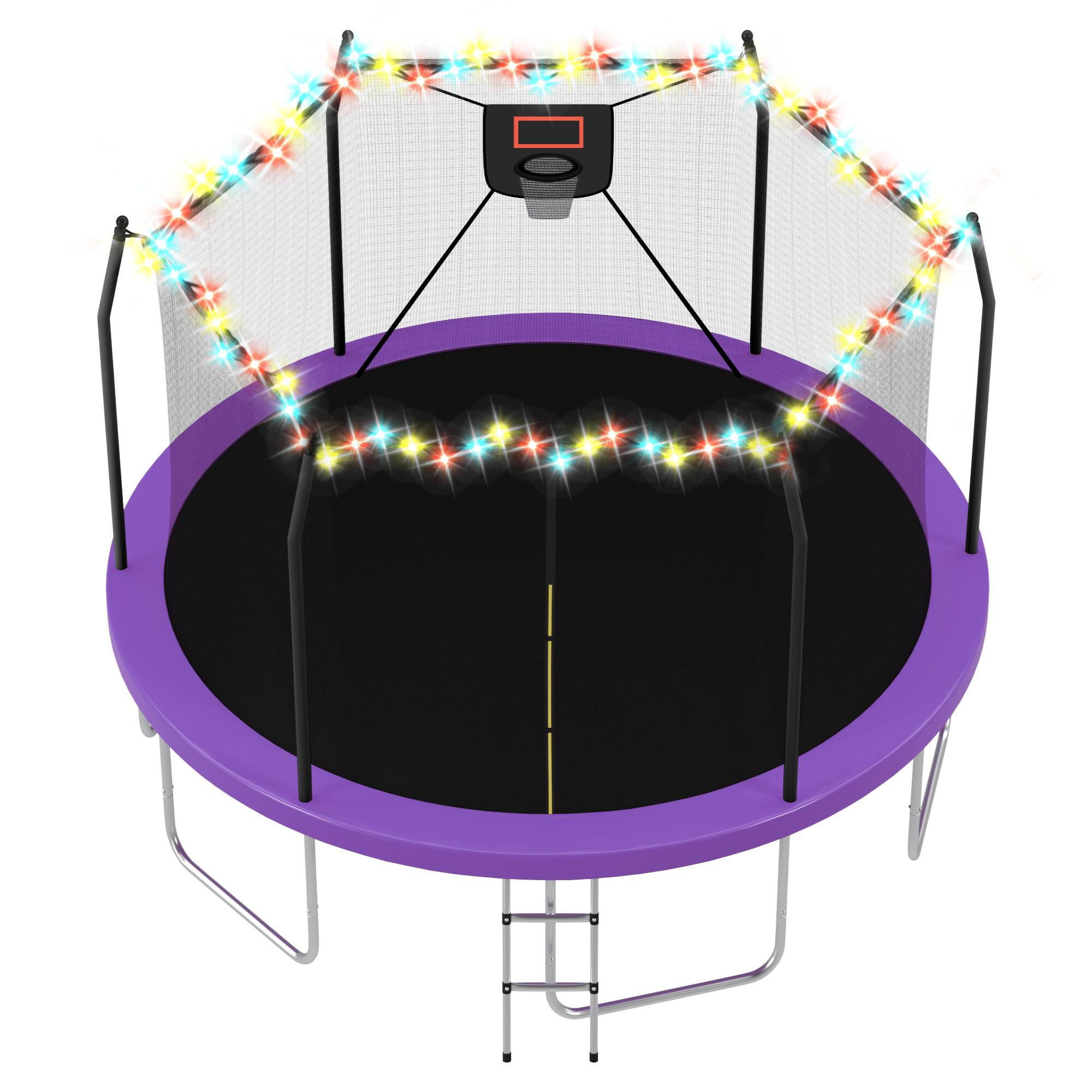 Left. Whisen - 14FT Outdoor Trampoline with LED Lights,Basketball Hoop and Safety Enclosure - Purple.