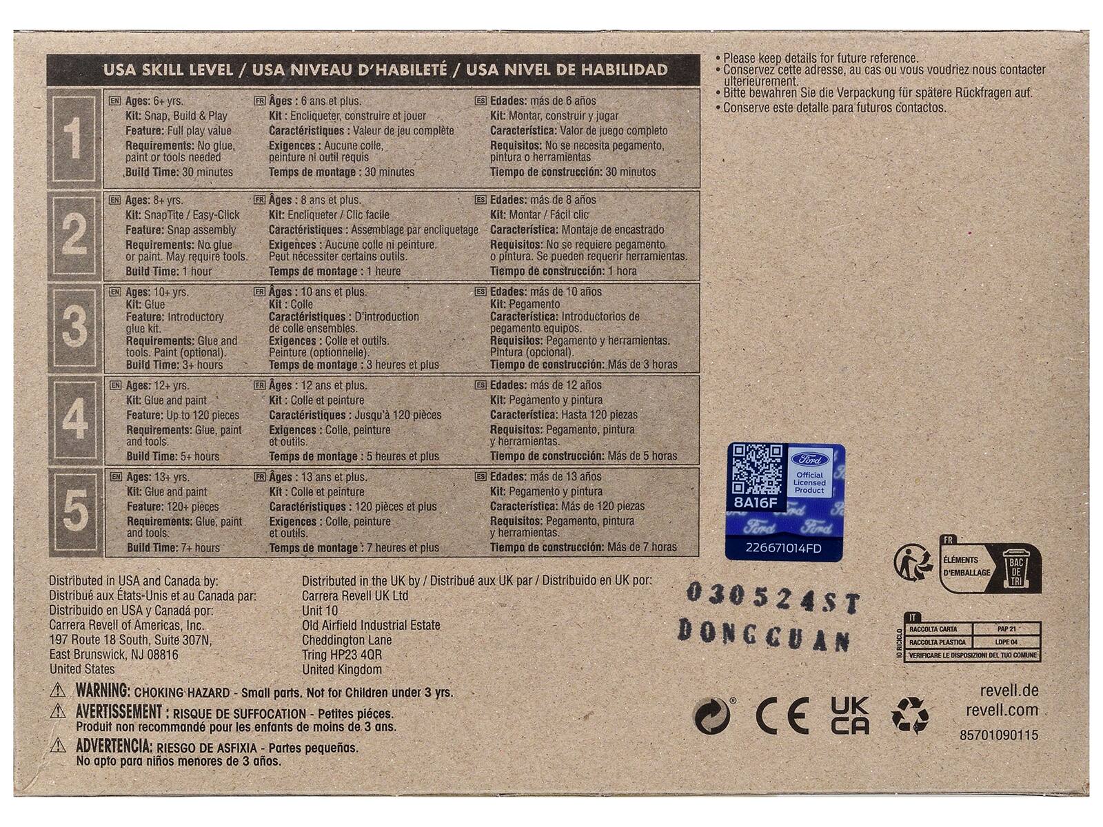 **USA SKILL LEVEL / USA NIVEAU D'HABILITÉ / USA NIVEL DE HABILIDAD**

1. **Ages: 6+ yrs**  
   Kit: Snap, Build & Play  
   Feature: Full play value  
   Requirements: No glue, paint or tools needed  
   Build Time: 30 minutes  

   **FR**  
   Ages: 6 ans et plus  
   Kit: Encliqueter, construire et jouer  
   Caractéristiques: Valeur de jeu complète  
   Exigences: Aucune colle ni outils requis  
   Temps de montage: 30 minutes  

   **ES**  
   Edades: más de 6 años  
   Kit: Montar, construir y jugar  
   Característica: Valor de juego completo  
   Requisitos: No se necesita pegamento, pintura ni herramientas  
   Tiempo de construcción: 30 minutos  

2. **Ages: 8+ yrs**  
   Kit: SnapTite / Easy-Click  
   Feature: Snap assembly  
   Requirements: No glue or paint. May require tools  
   Build Time: 1 hour  

   **FR