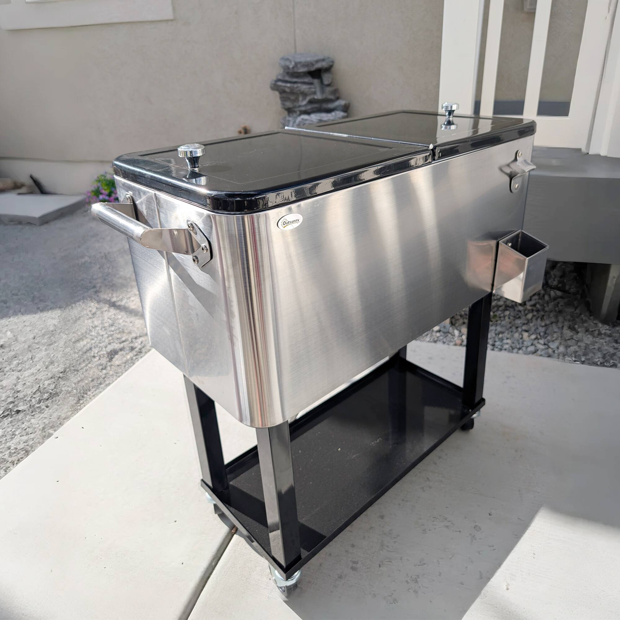 Alt View 7. Outsunny - QT Rolling Cooling Bins Ice Chest on Wheels Outdoor Stand Up Drink Cooler Cart for Party - Silver.