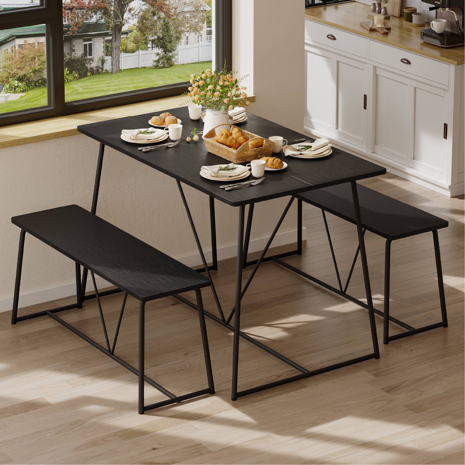 Left. Bestier - 47.5 inch Wood Dining Table Set for 4, Kitchen Table with Reinforced Metal Frame, Waterproof  Nook Set for Small Spaces - Black.