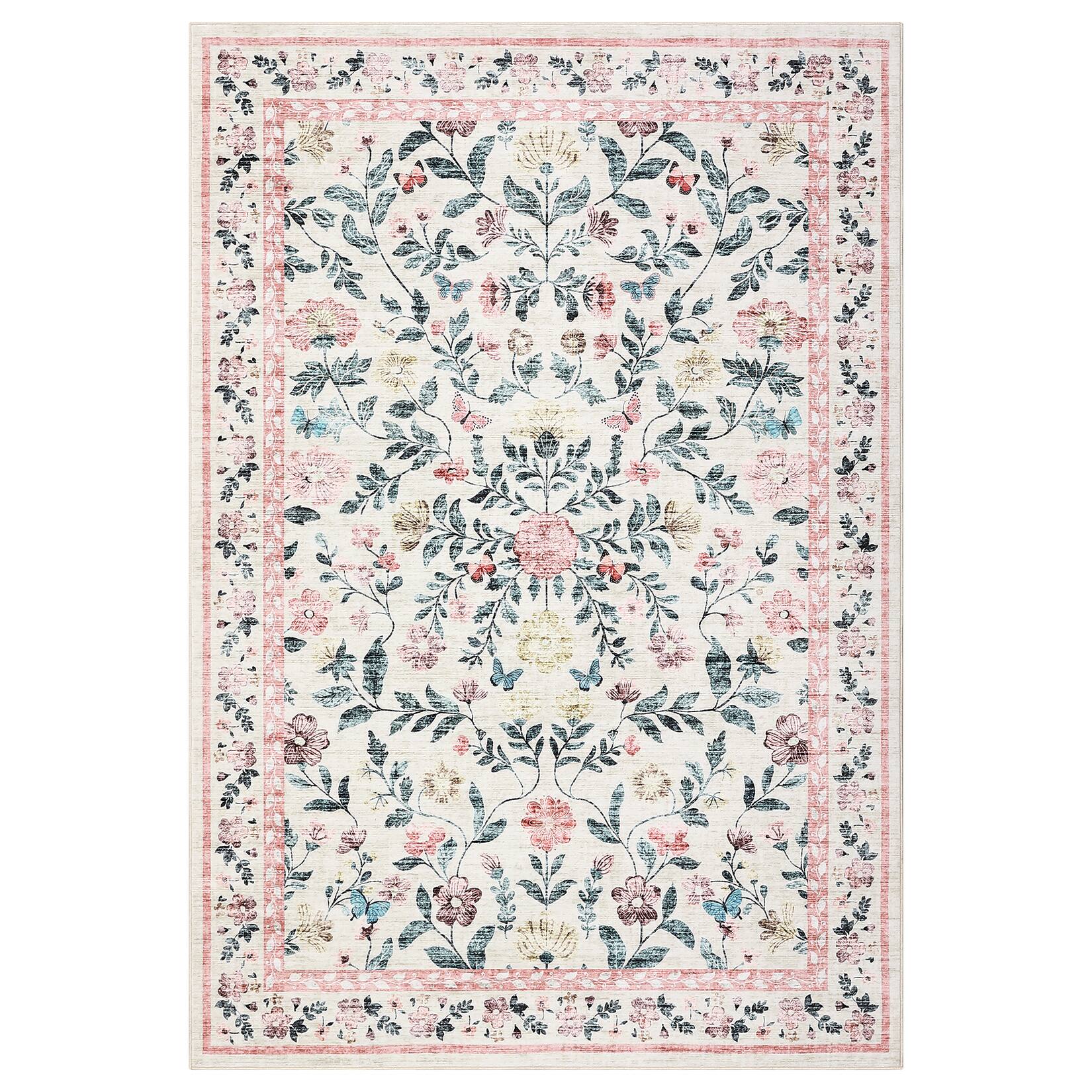 Front. GAOMON - Pastoral Floral Area Rug Non Slip Machine Washable Foldable Non Shedding Carpet for Bathroom Laundry Room and Entrance - Pink.