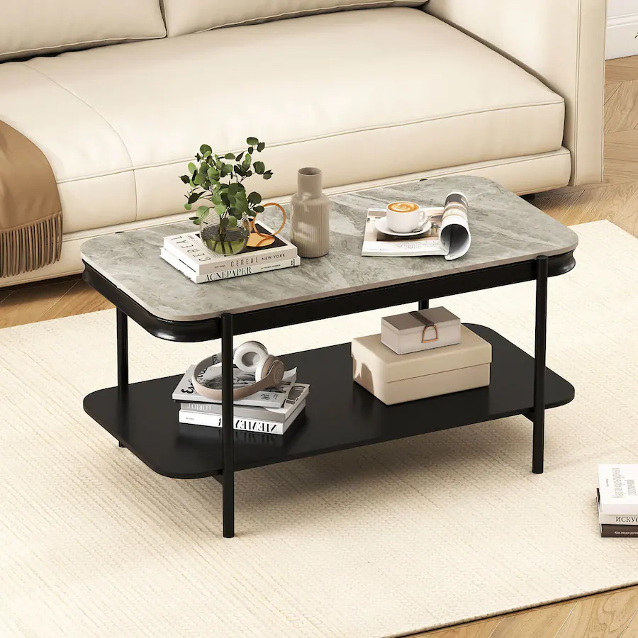 Costway Rectangular Coffee Table, 2 Tier Center Table with Lower Shelf ...