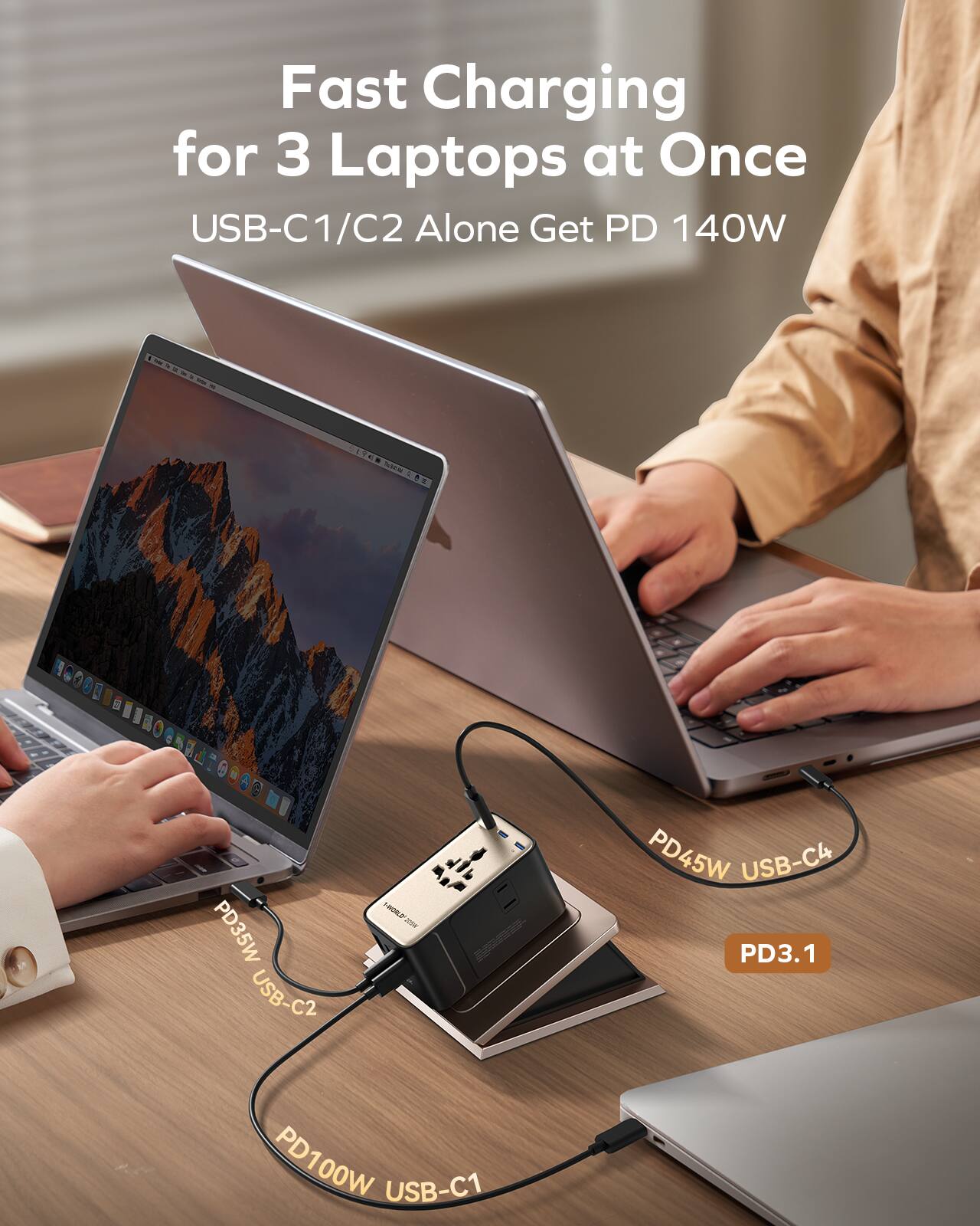 Fast Charging for 3 Laptops at Once  
USB-C1/C2 Alone Get PD 140W  

PD35W USB-C2  
PD45W USB-C4  
PD100W USB-C1  
PD3.1
