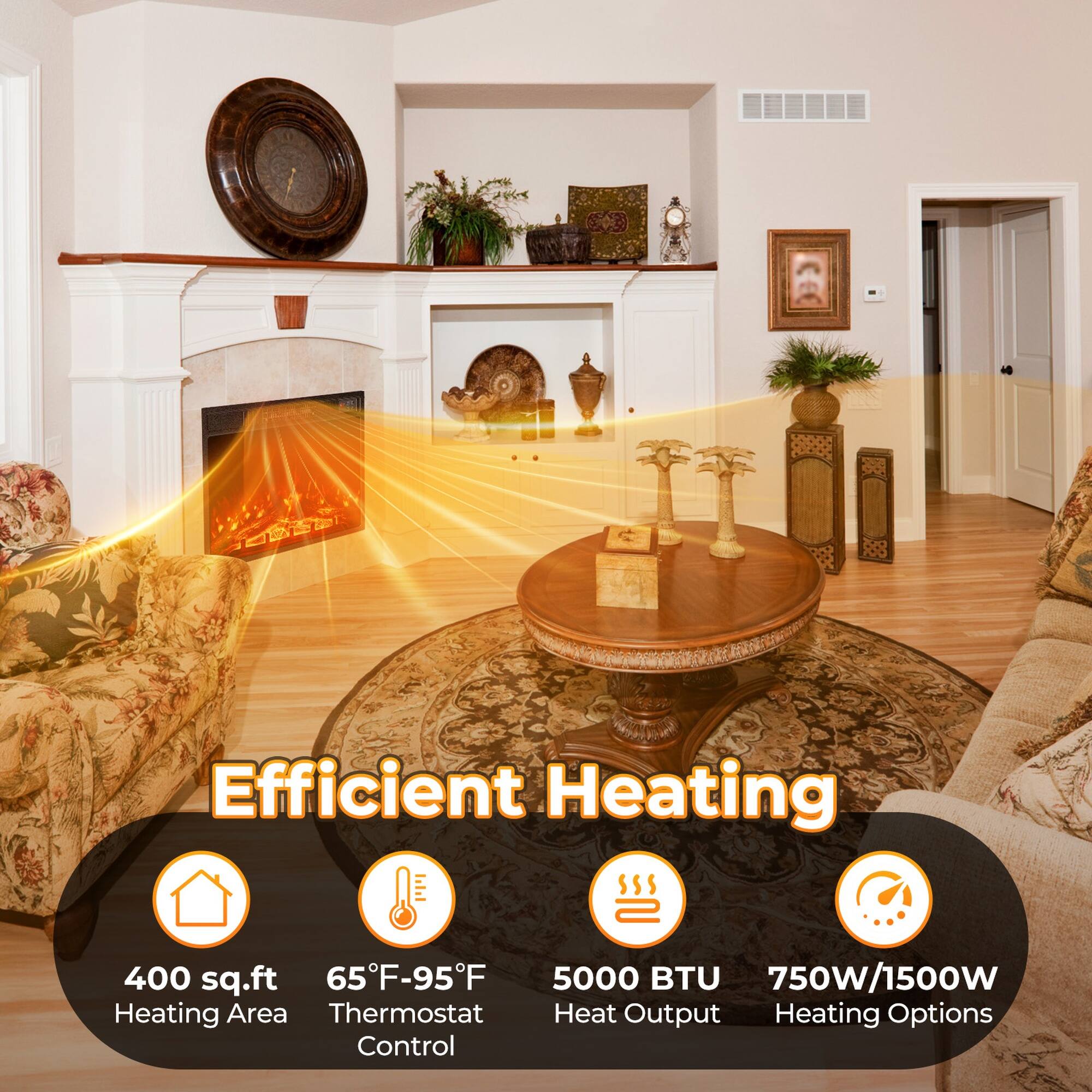 Efficient Heating

400 sq.ft  
65°F-95°F  
5000 BTU  
750W/1500W  
Heating Area  
Thermostat Heat Output  
Heating Options  
Control