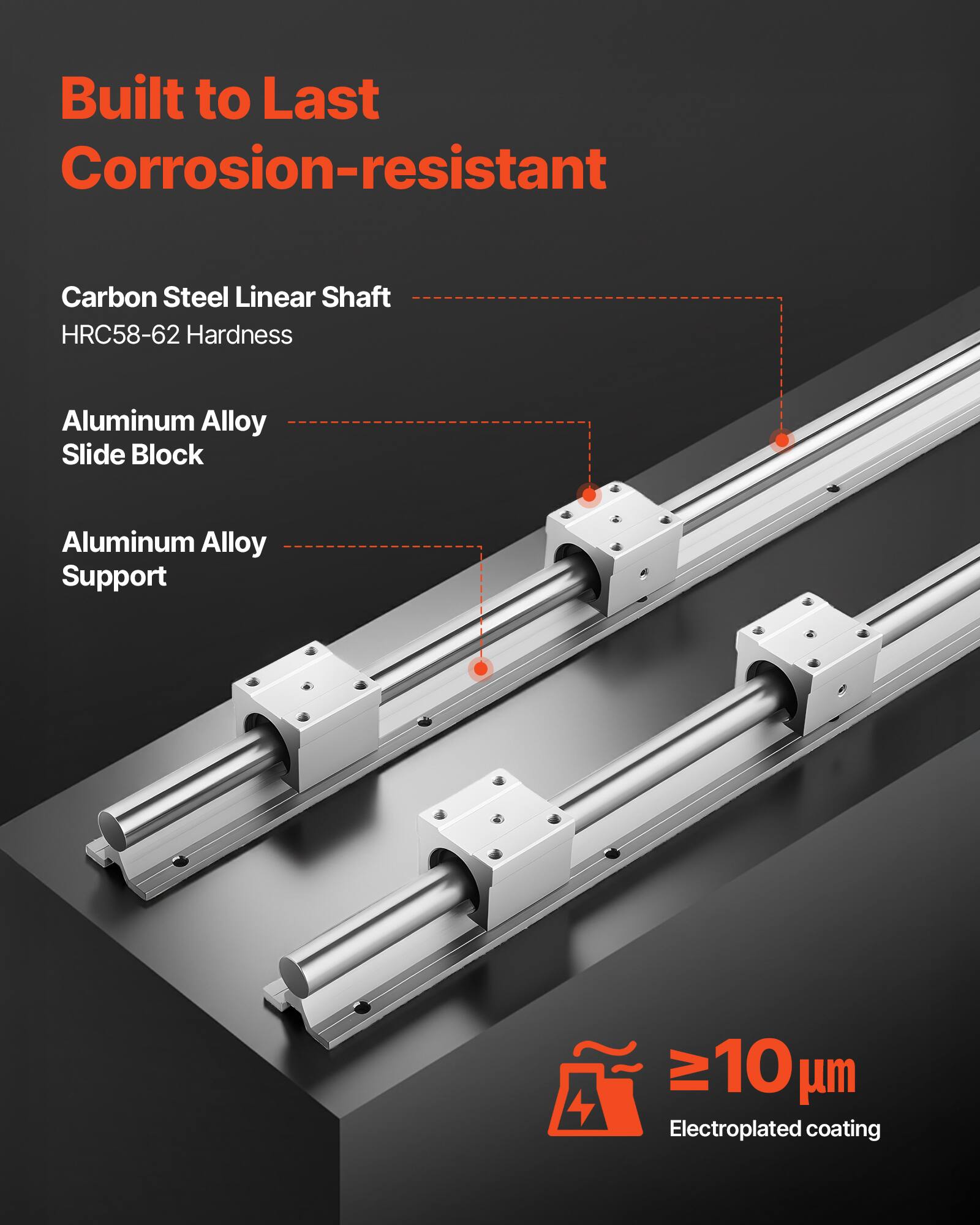 Built to Last  
Corrosion-resistant  

Carbon Steel Linear Shaft  
HRC58-62 Hardness  

Aluminum Alloy Slide Block  

Aluminum Alloy Support  

≥10 µm  
Electroplated coating