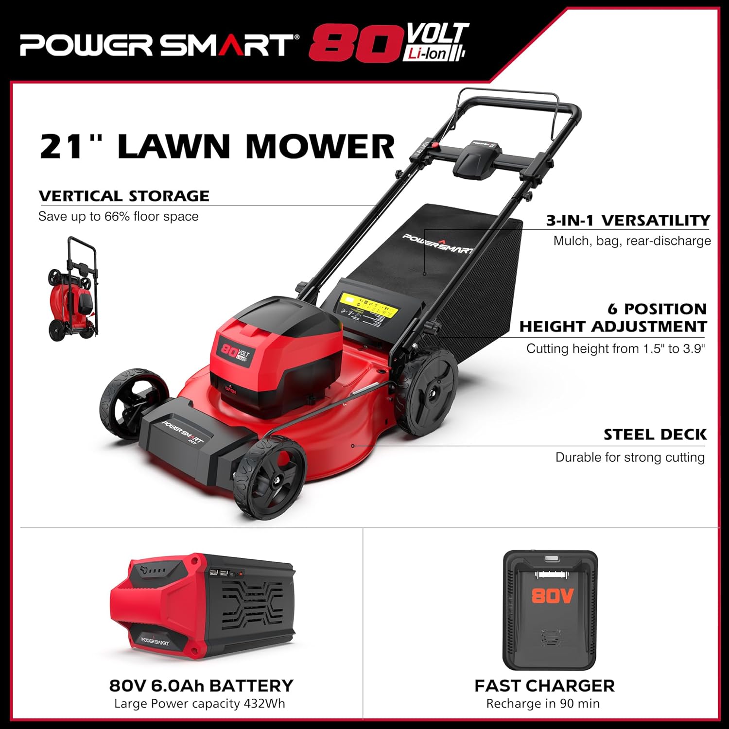 VOLT POWER SMART 80 Li-lon 21" LAWN MOWER VERTICAL STORAGE Save up to 66% floor space

POWERSMART 3-IN-1 VERSATILITY Mulch, bag, rear-discharge

80 6 POSITION HEIGHT ADJUSTMENT Cutting height from 1.5" to 3.9"

STEEL DECK Durable for strong cutting

80V 6.0Ah BATTERY Large Power capacity 432Wh

FAST CHARGER Recharge in 90 min