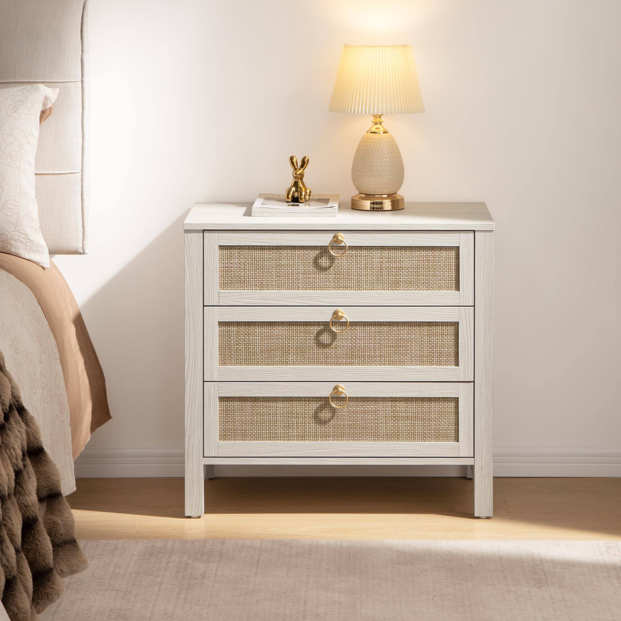 Front. OMOMMD - White 3-Drawer Rattan Nightstand Tall Large Bedside Table Boho Bedroom - White Cream Oak 1.
