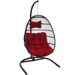 Sunnydaze - Resin Wicker Hanging Egg Chair with Steel Stand/Cushions - Red