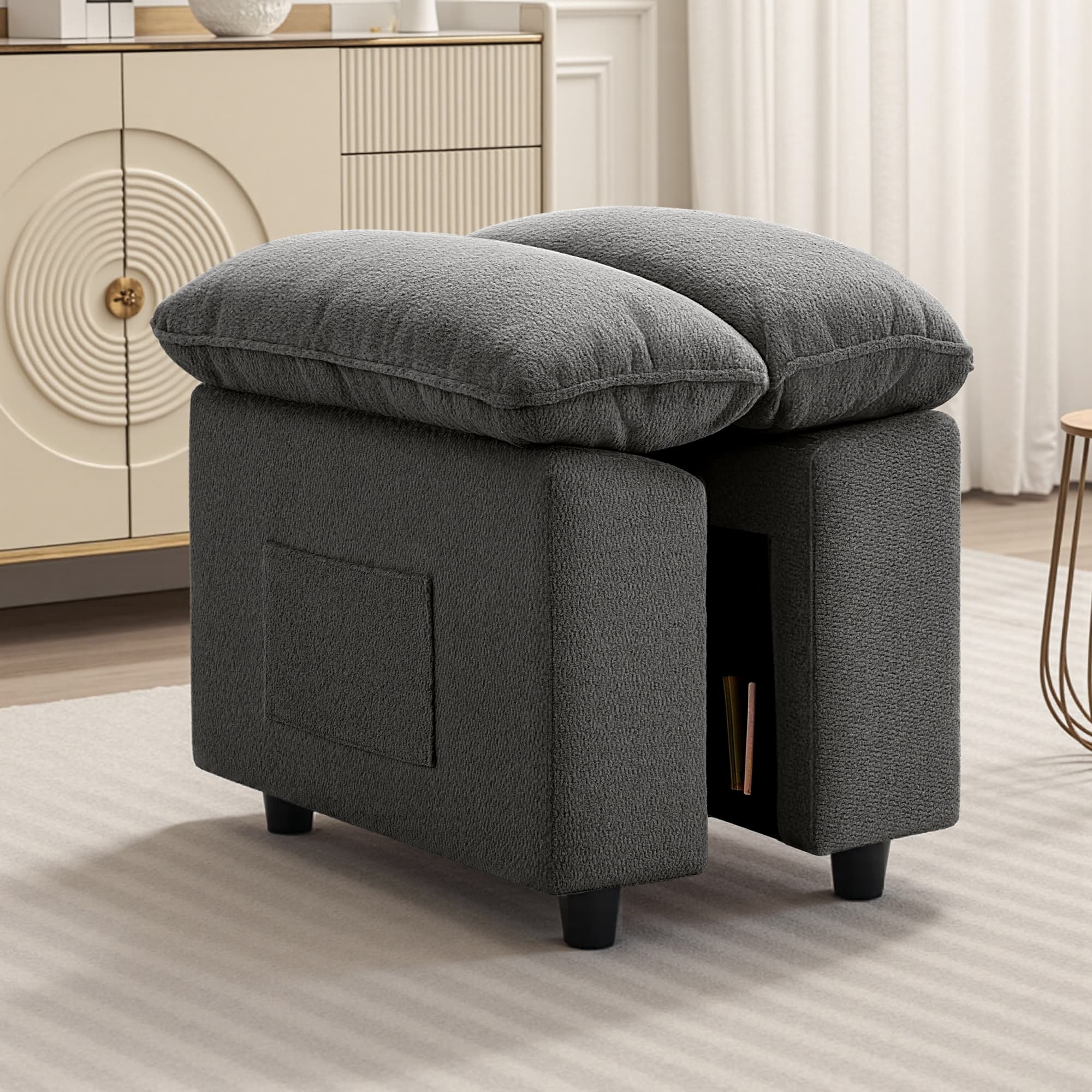 KERDOM - Combined Convertible L-Shape Sofa with Storage Chaise for Living Room, Modular Sectional Sleeper Couch with Pull Out Bed - Grey-E