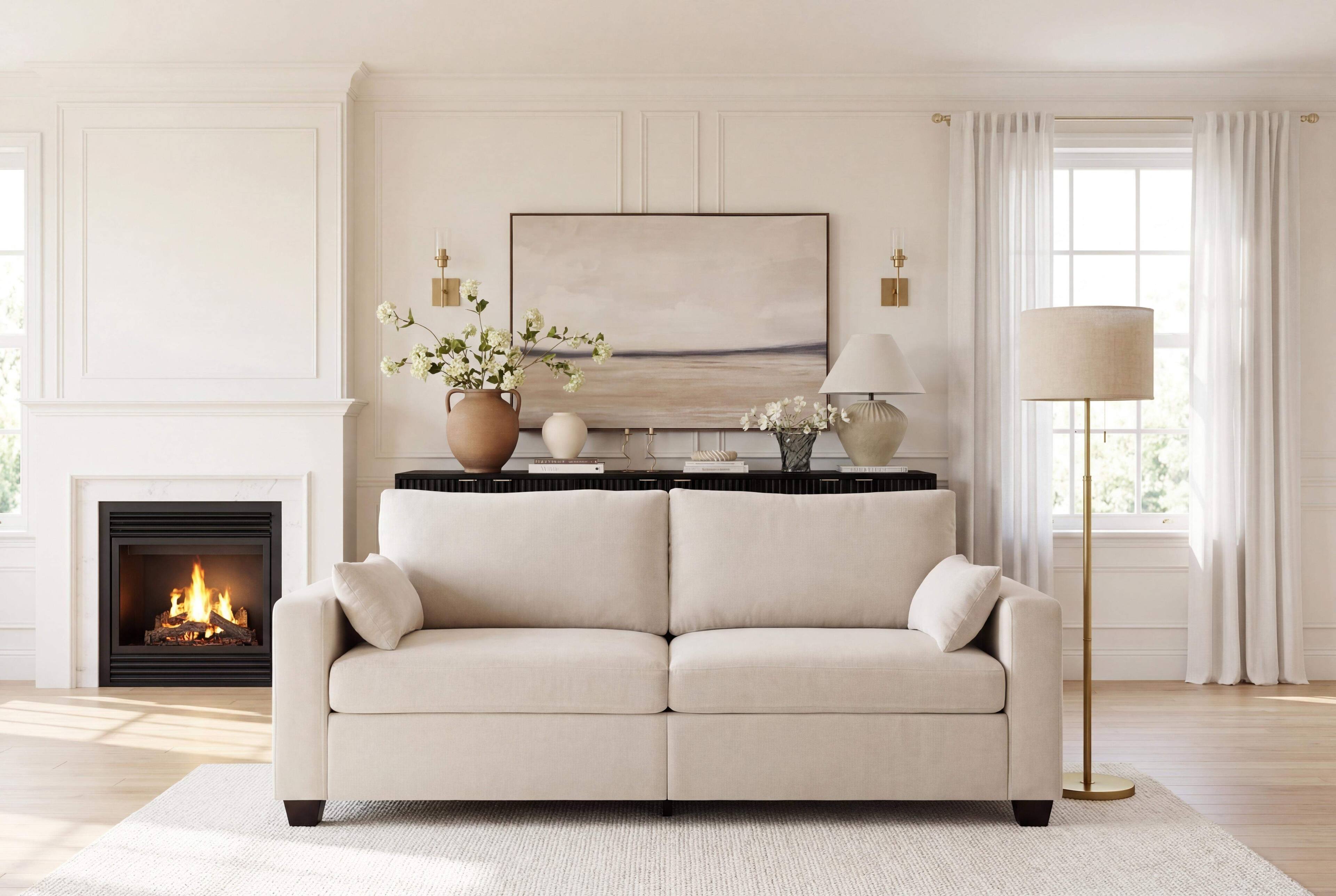 Angle. Roomtec - Modern Loveseat Sofa for Living Room Removable Cover Spring Cushions Solid Wood Frame Wide Armrest for Small Space - Beige.