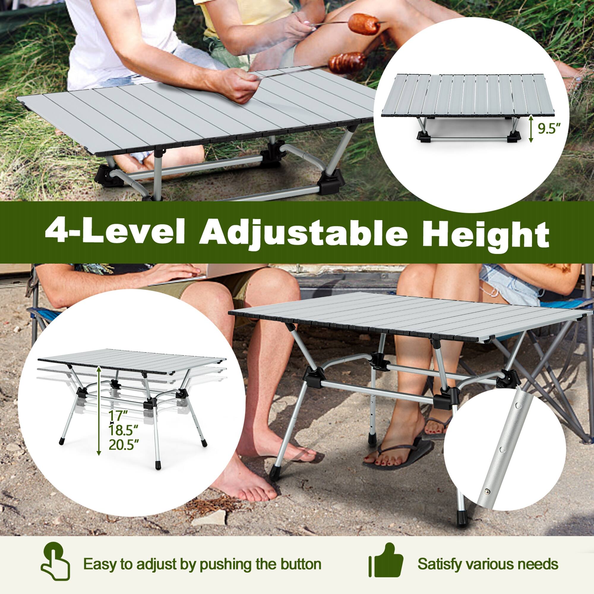 The text on the image is grouped and corrected as follows:
"9.5" 4-Level Adjustable Height 17" 18.5" 20.5" Easy to adjust by pushing the button Satisfy various needs"