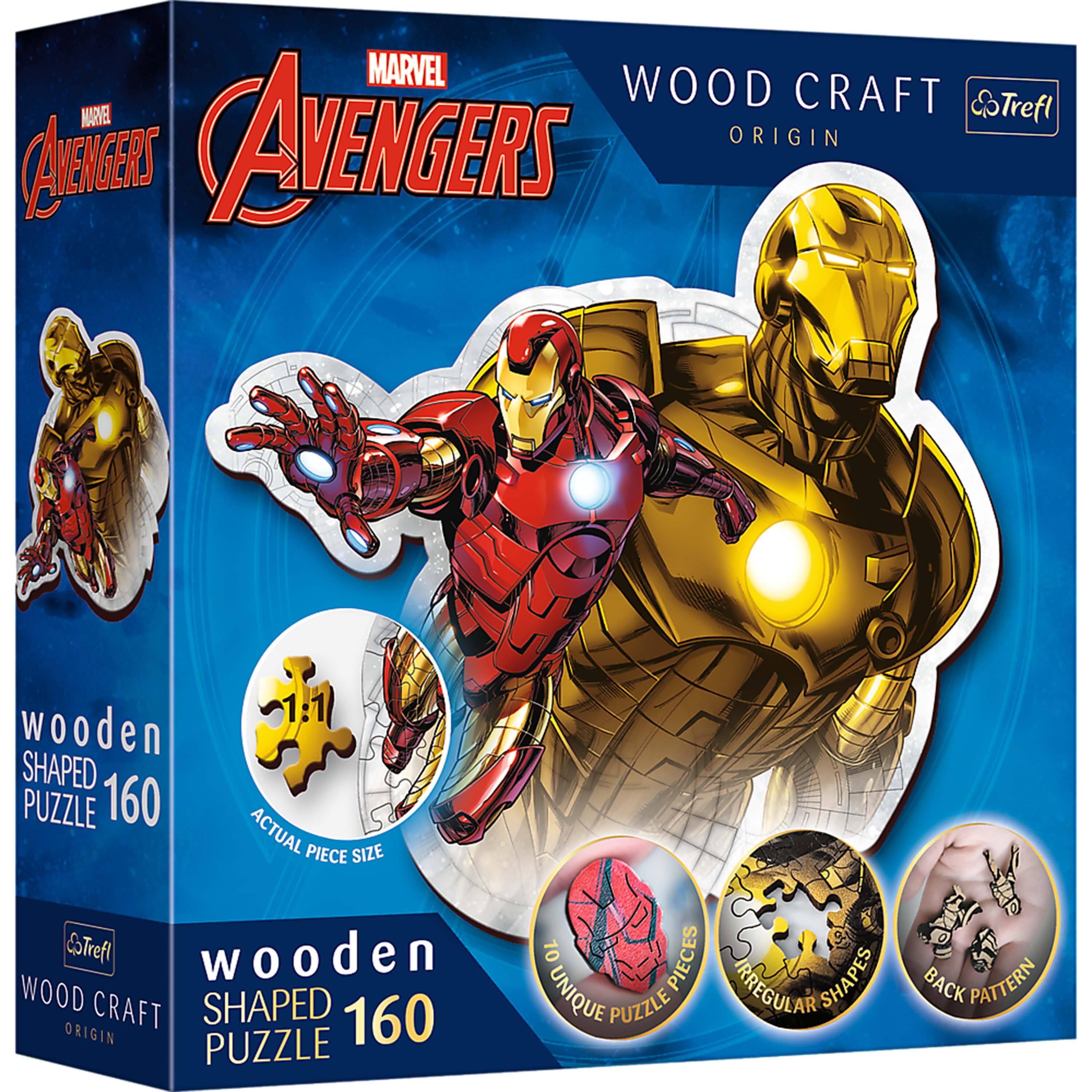 MARVEL AVENGERS  
WOOD CRAFT ORIGIN  
Treft  
wooden SHAPED PUZZLE 160  
ACTUAL PIECE SIZE  
10 UNIQUE PUZZLE PIECES  
REGULAR SHAPES  
BACK PATTERN