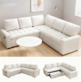 Vipbear - 5 Seat L Shaped Modular Sectional Sleeper Sofa Bed with Pull Out Bed/Reclining Backrest/USB Ports/Storage Seat - Beige